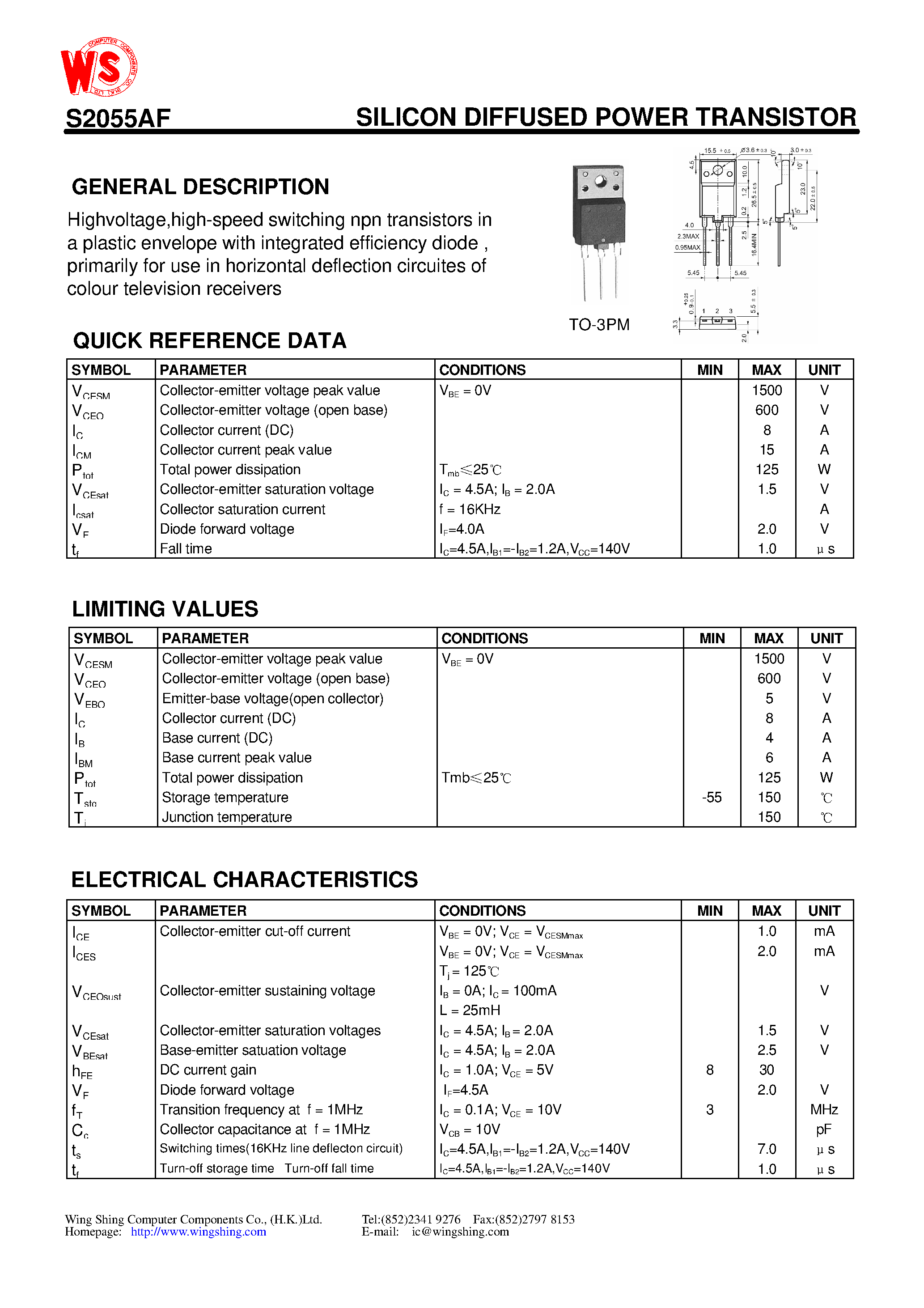 Даташит на микросхему S2055AF страница 1 Даташит S2055AF - SILICON DIFFUSED POWER TRANSISTOR страница 1