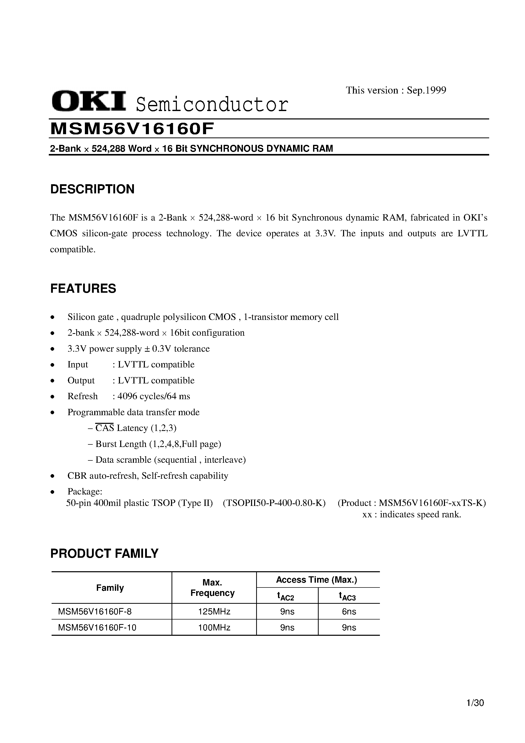 Datasheet MSM56V16160F - 2-Bank x 524288 Word x 16 Bit SYNCHRONOUS DYNAMIC RAM page 1