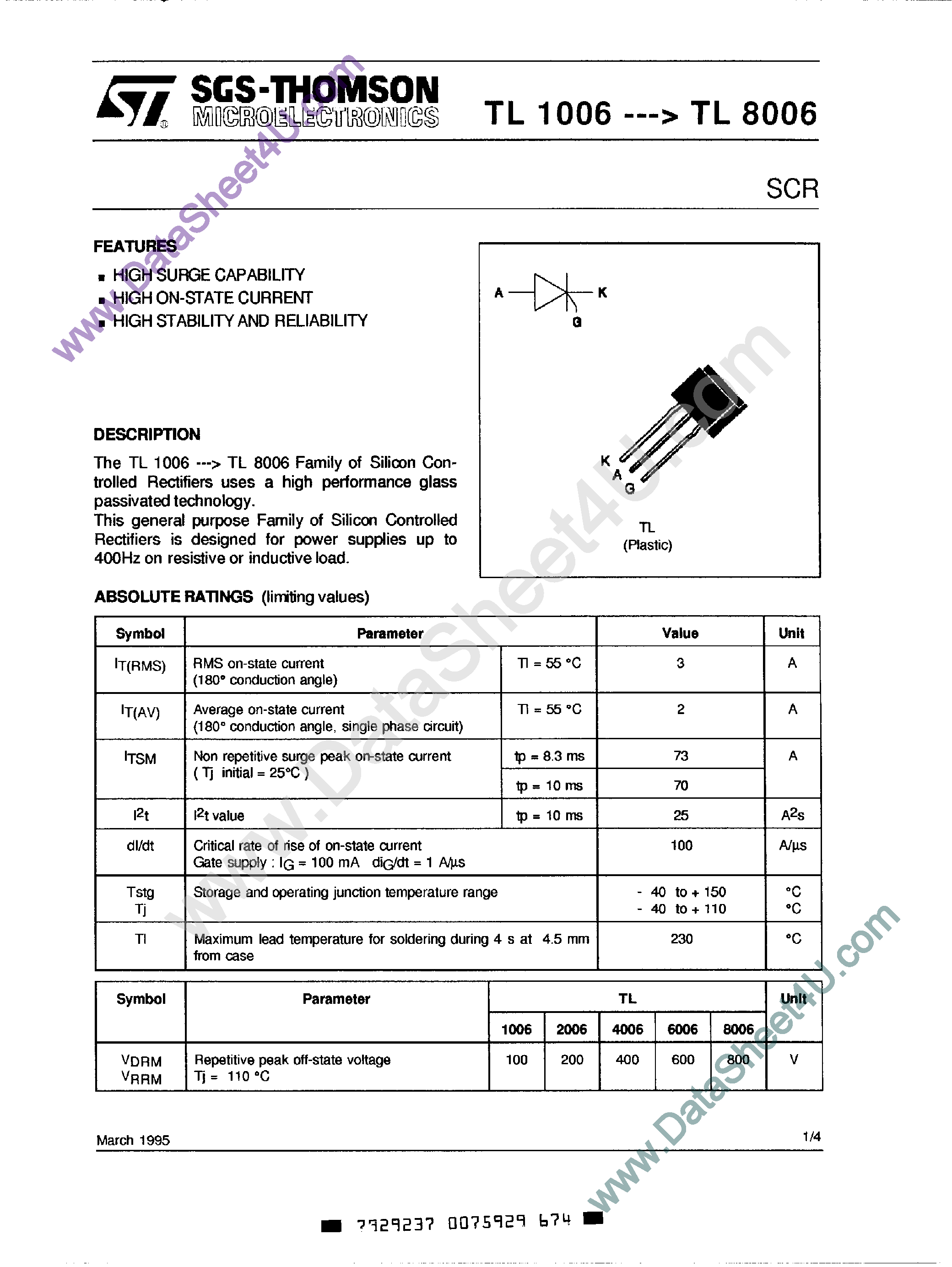 Datasheet TL2006 - SCR page 1