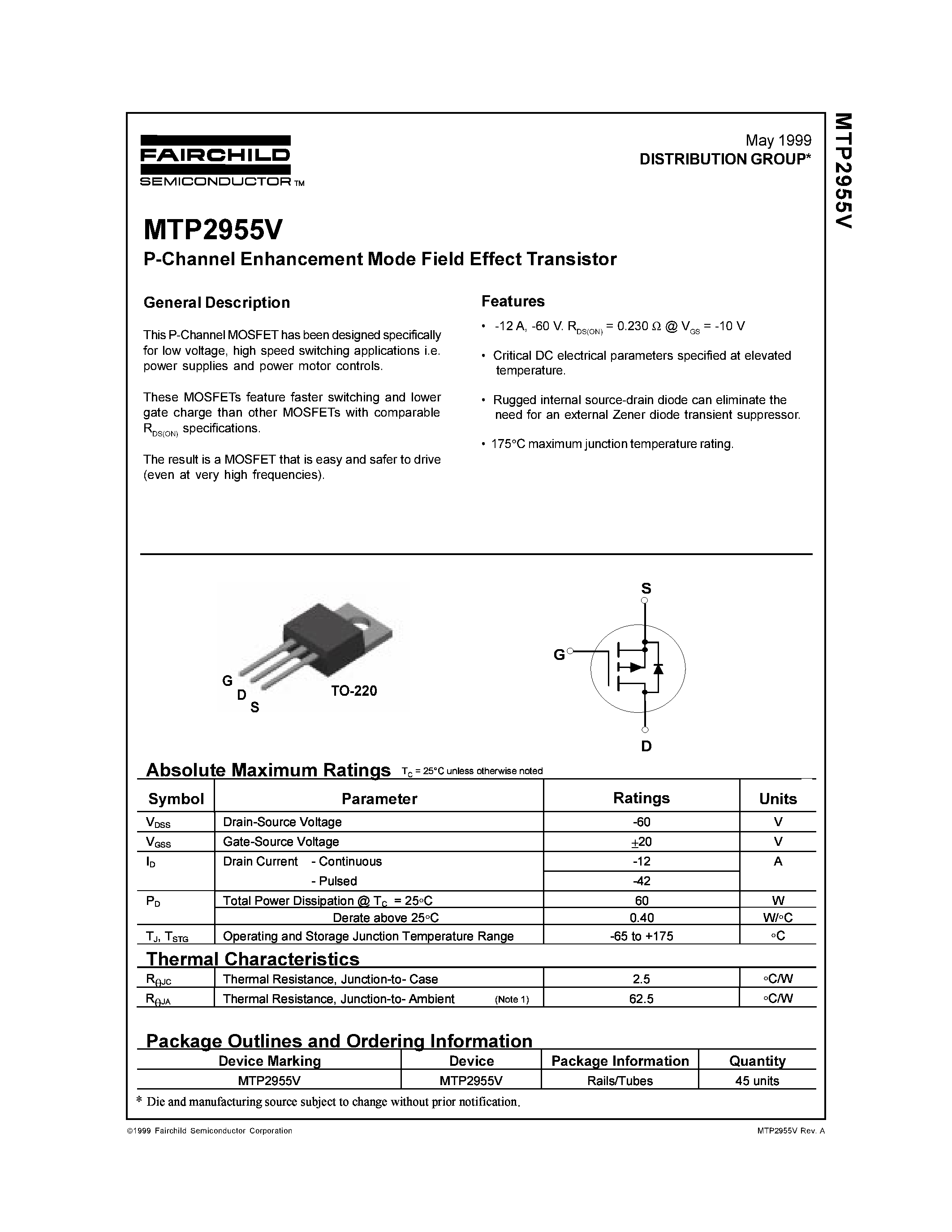Даташит на микросхему MTP2955V страница 1 Даташит MTP2955V - P-Channel Enhancement Mode Field Effect Transistor страница 1