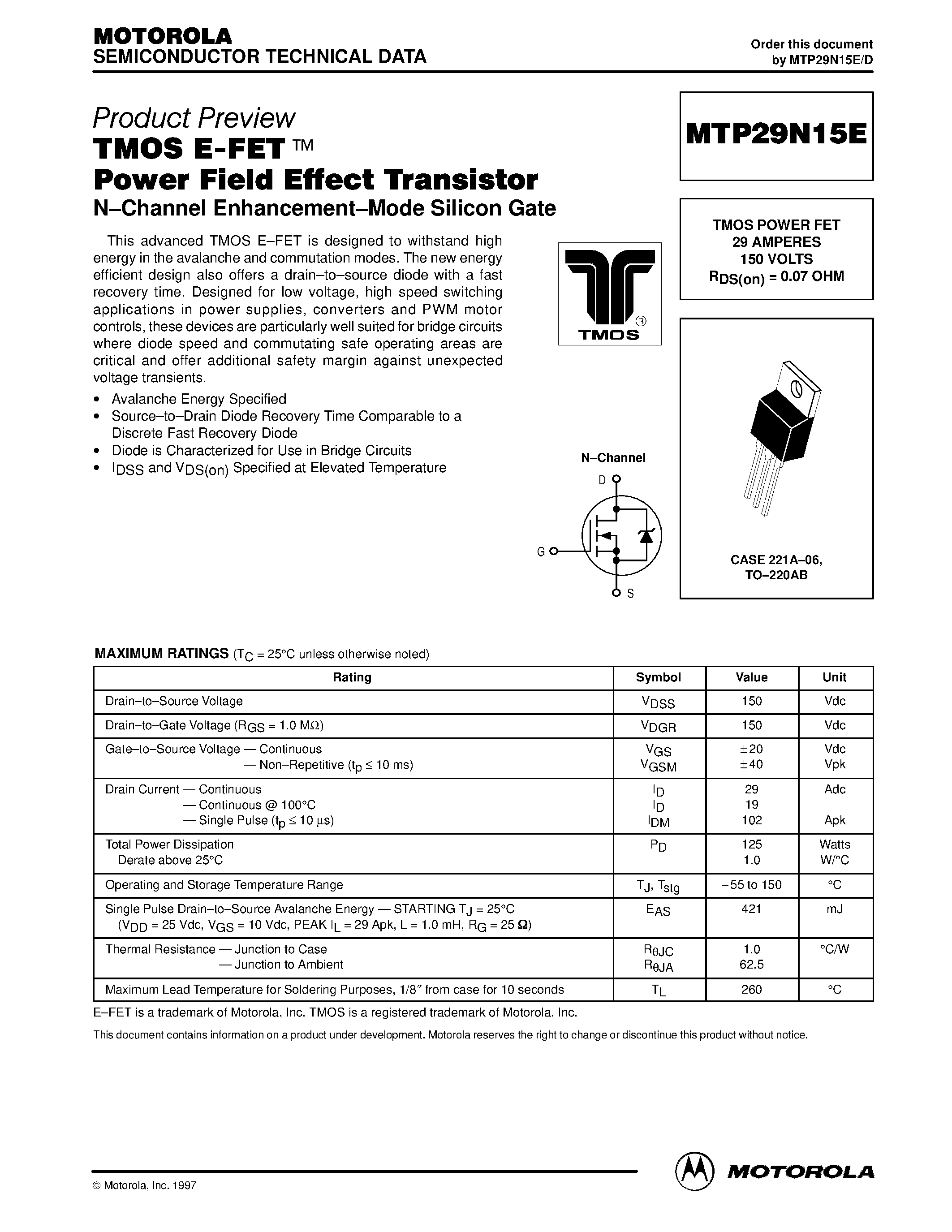 Datasheet MTP29N15E - TMOS POWER FET 29 AMPERES 150 VOLTS RDS(on) = 0.07 OHM page 1