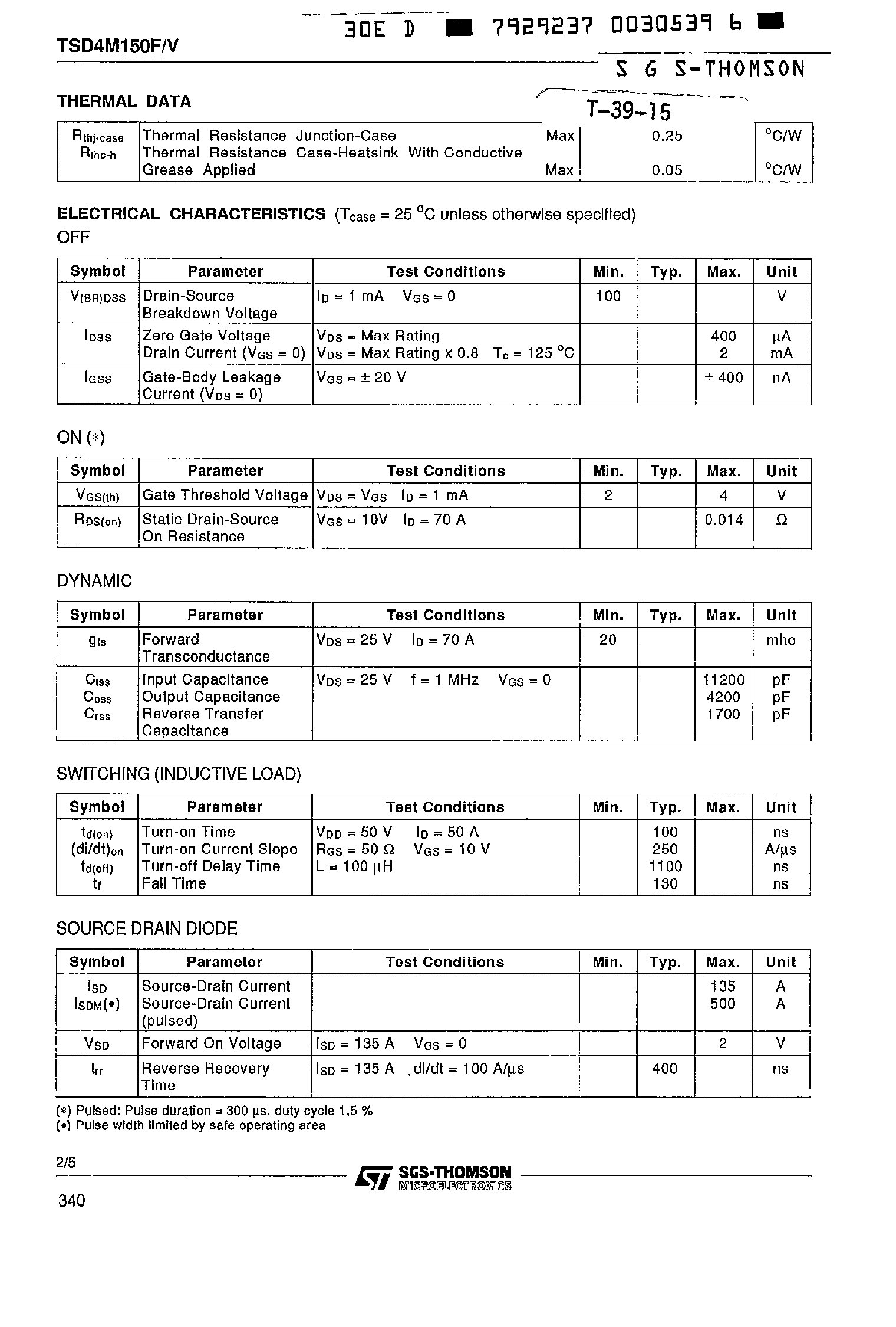 Datasheet TSD4M150F page 2 Datasheet TSD4M150F - N-CHANNEL ENHANCEMENT MODE ISOFET POWER MOS TRANSISTOR MODULE page 2