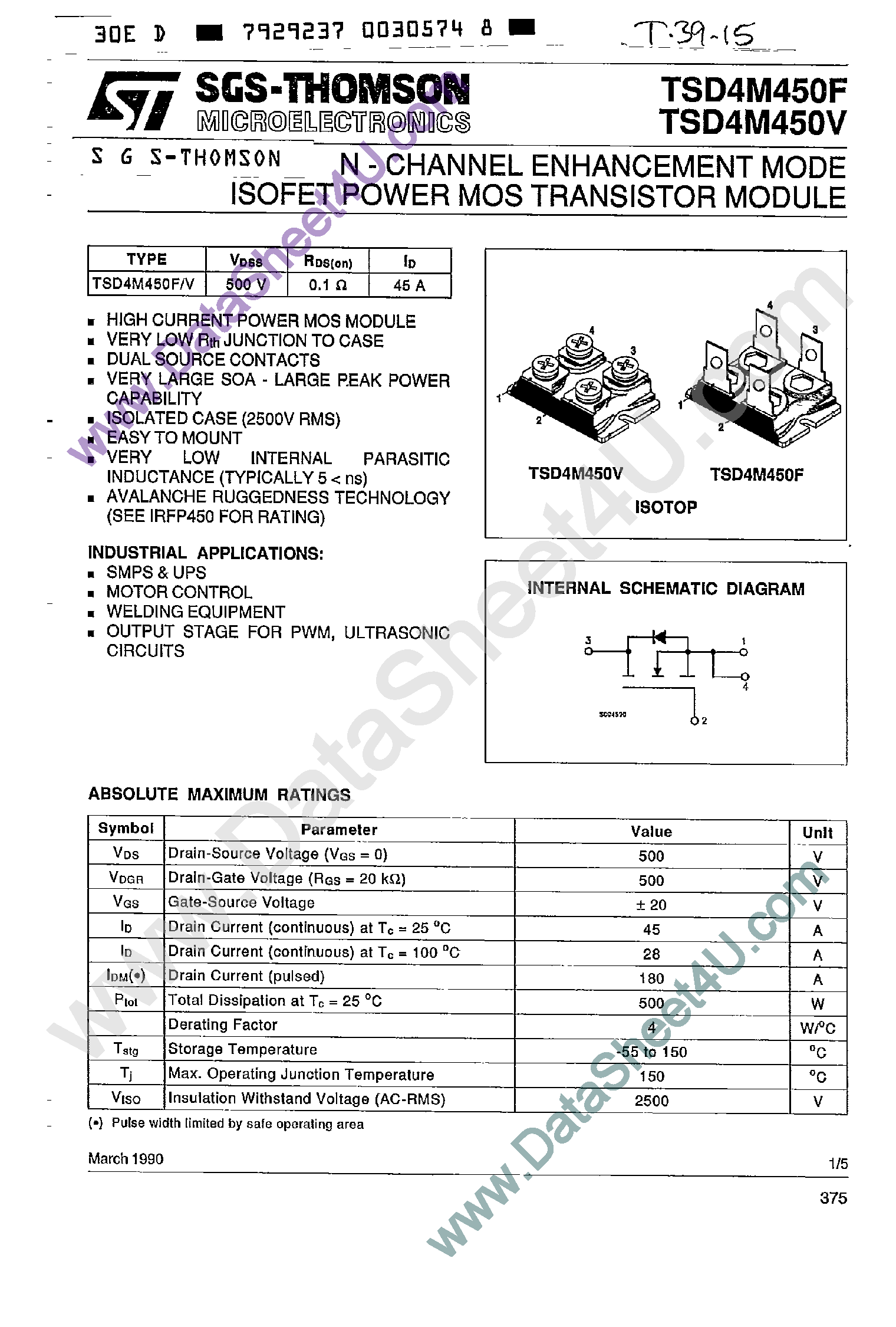 Datasheet TSD4M450F page 1 Datasheet TSD4M450F - N-CHANNEL ENHANCEMENT MODE ISOFET POWER MOS TRANSISTOR MODULE page 1