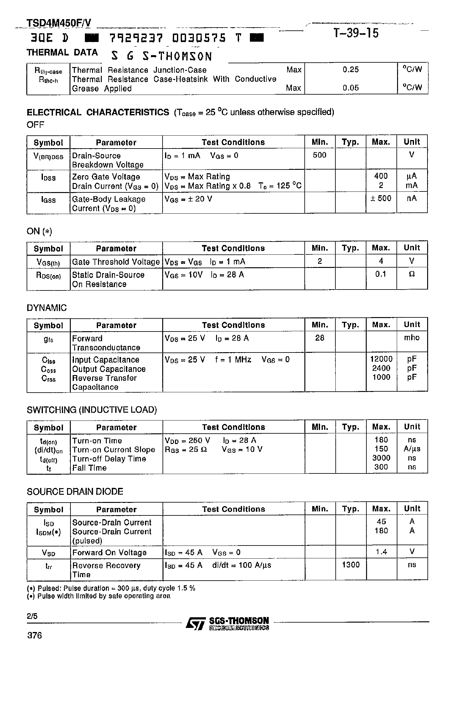 Datasheet TSD4M450F page 2 Datasheet TSD4M450F - N-CHANNEL ENHANCEMENT MODE ISOFET POWER MOS TRANSISTOR MODULE page 2