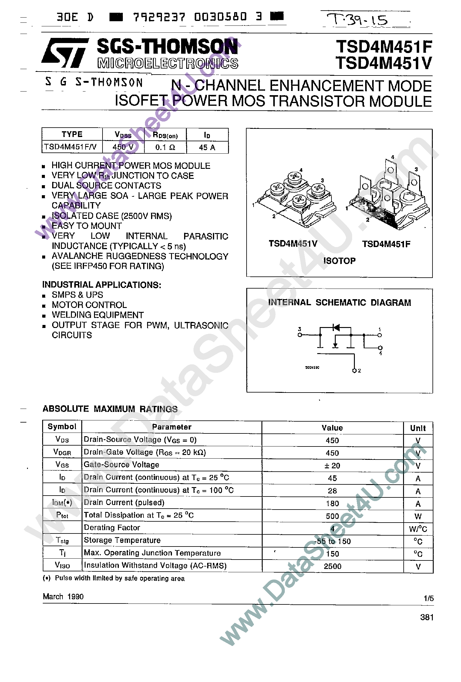 Datasheet TSD4M451F - N-CHANNEL ENHANCEMENT MODE ISOFET POWER MOS TRANSISTOR MODULE page 1