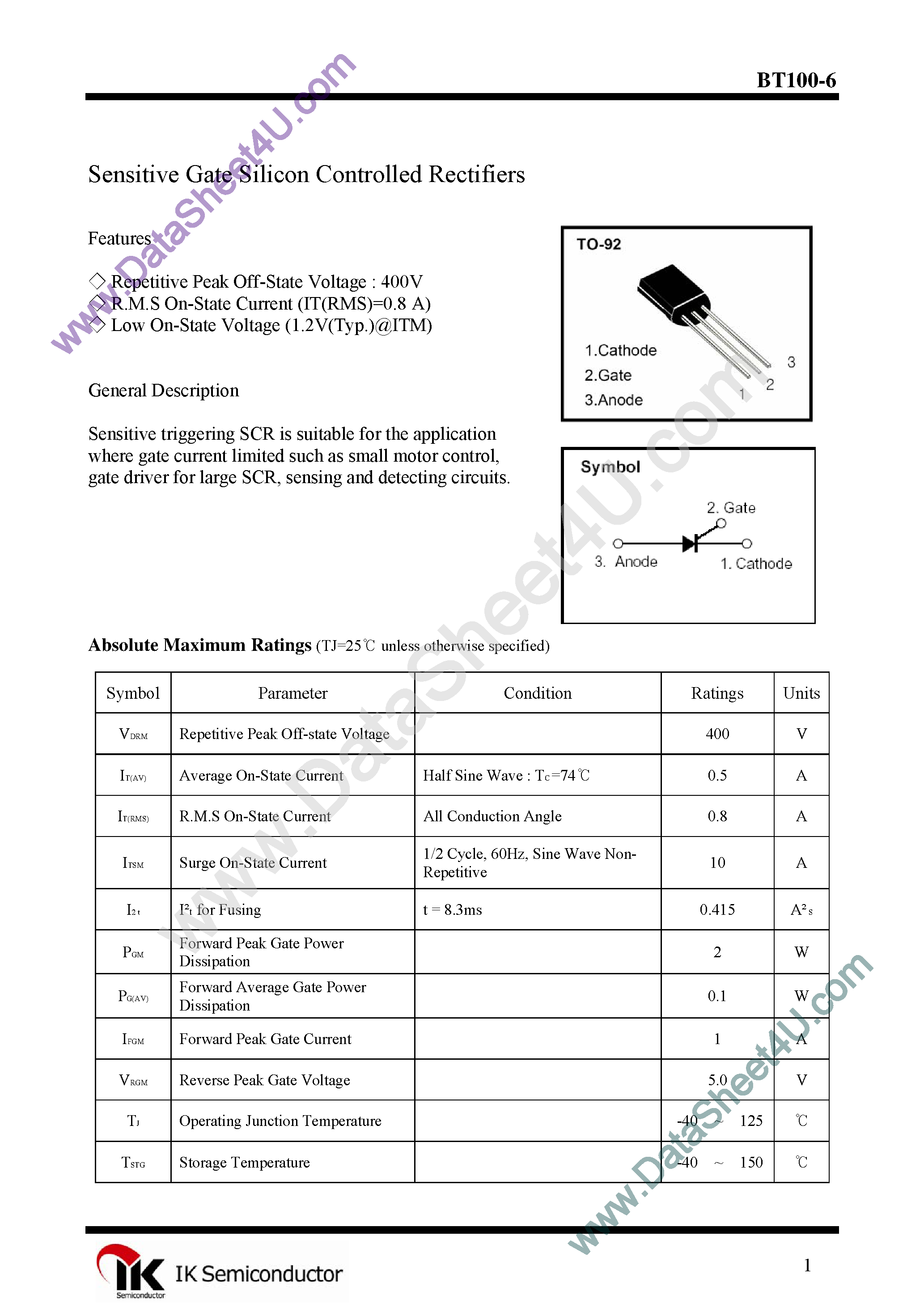 Datasheet BT100-6 page 1 Datasheet BT100-6 - Sensitive Gate Silicon Controlled Rectifiers page 1