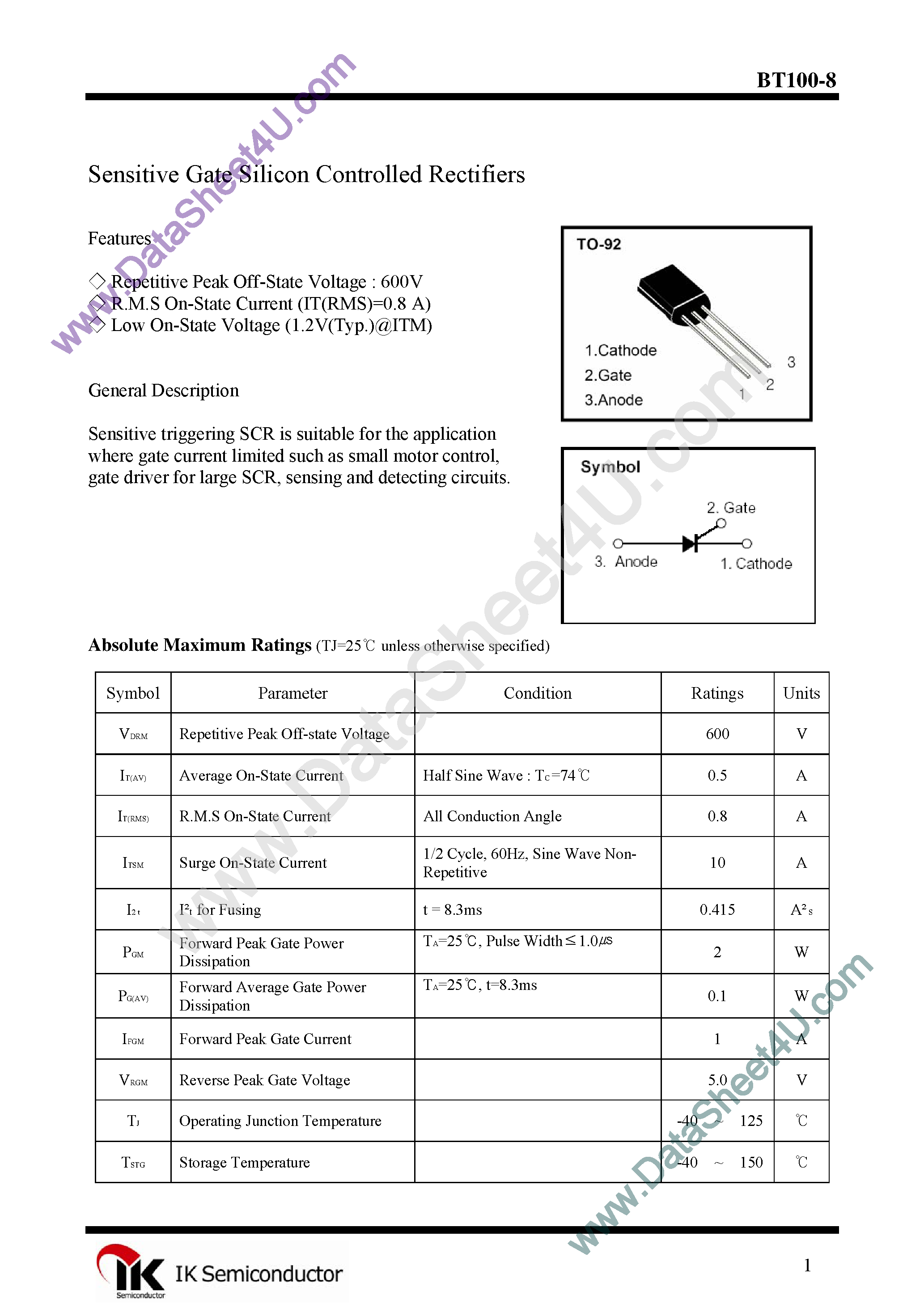 Datasheet BT100-8 - Sensitive Gate Silicon Controlled Rectifiers page 1