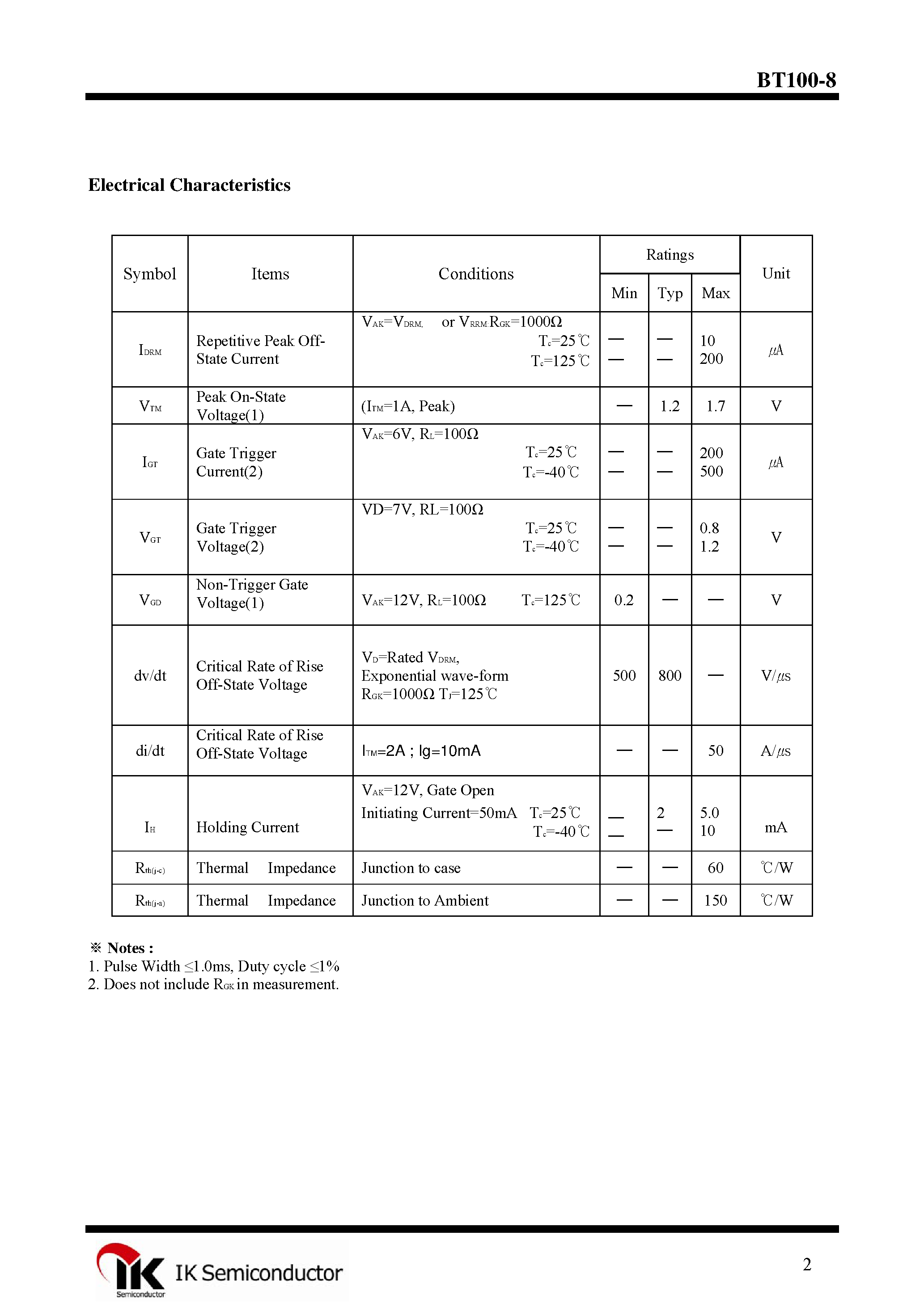 Datasheet BT100-8 - Sensitive Gate Silicon Controlled Rectifiers page 2