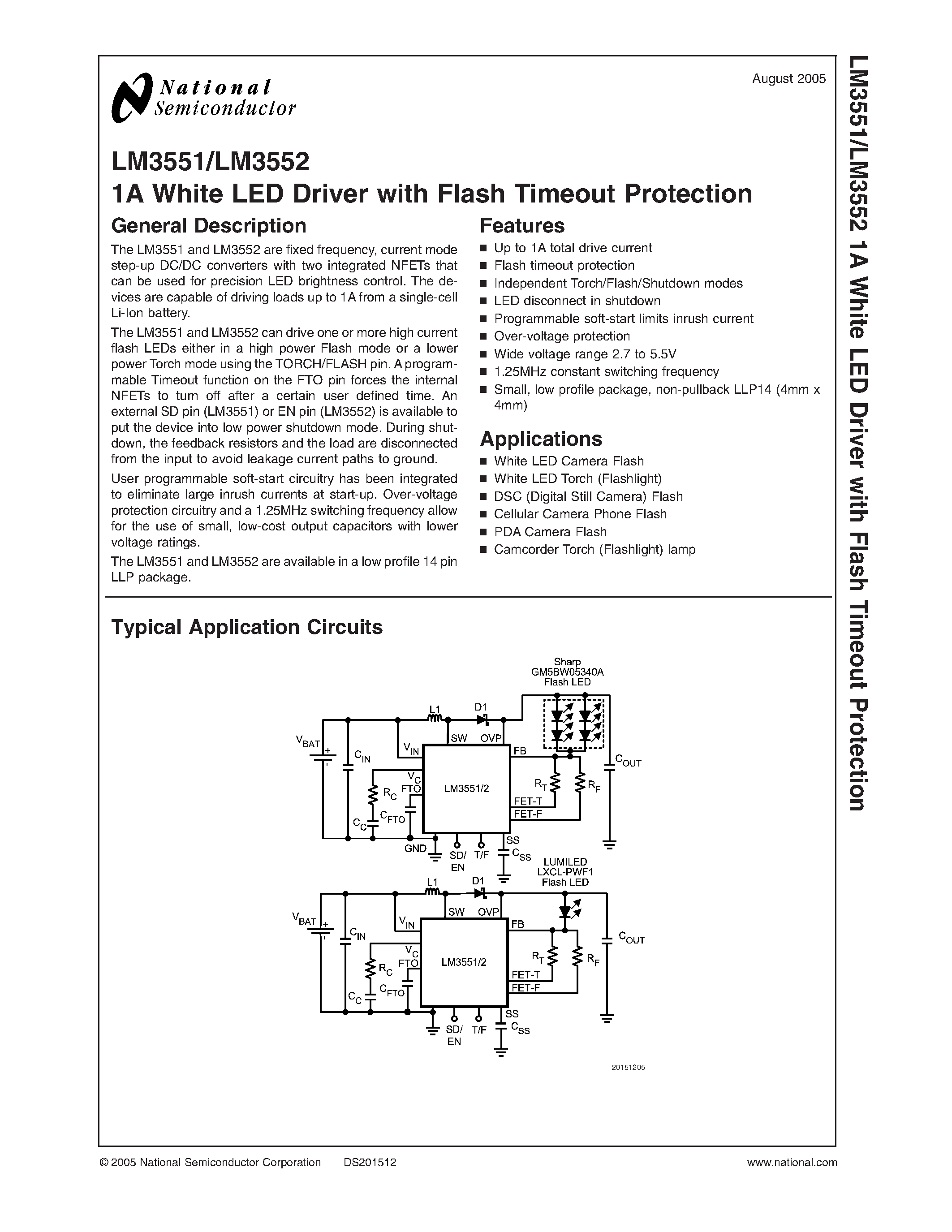 Даташит LM3551 - (LM3551 / LM3552) 1A White LED Driver with Flash Timeout Protection страница 1