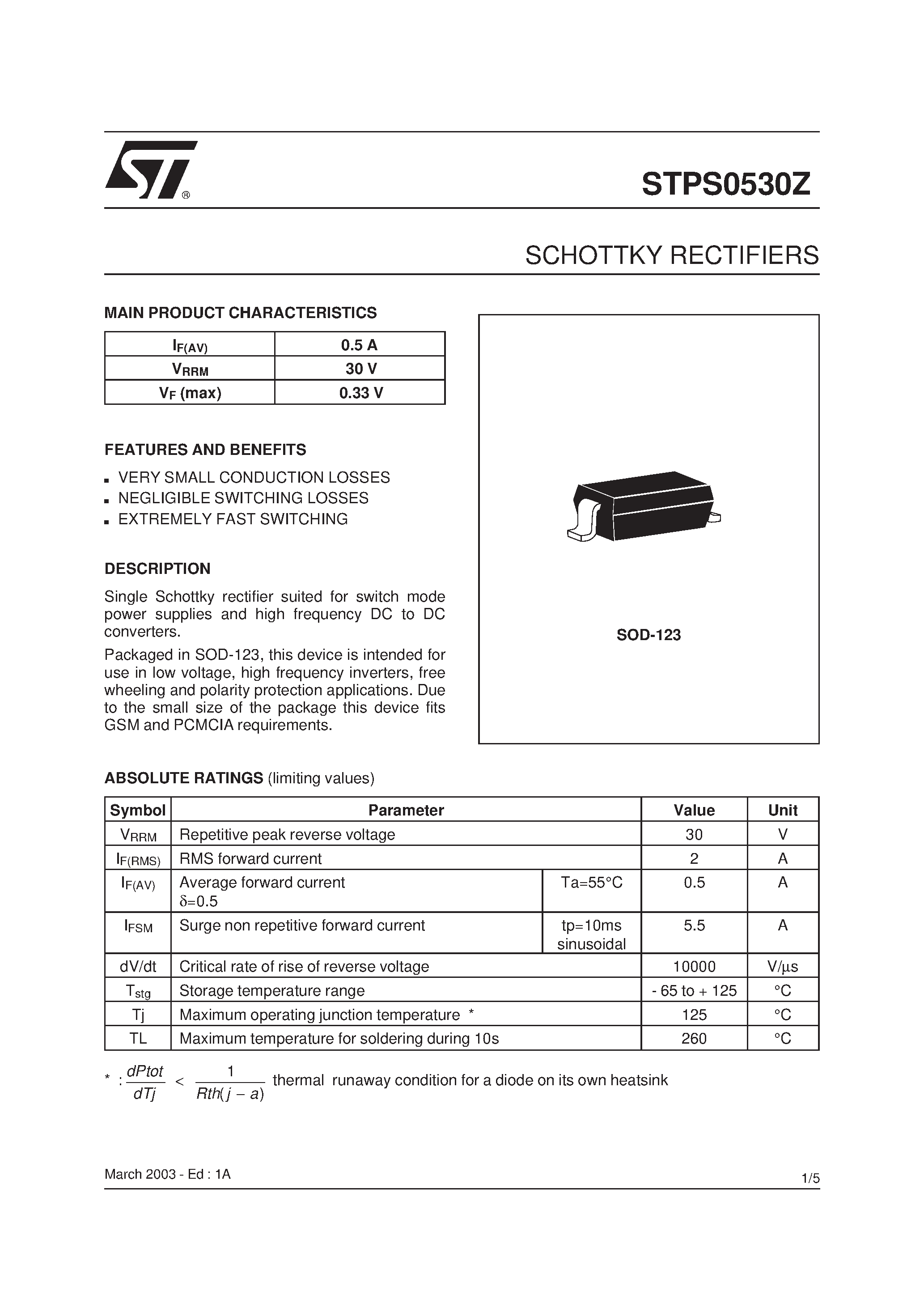 Datasheet STPS0530Z page 1 Datasheet STPS0530Z - SCHOTTKY RECTIFIERS page 1