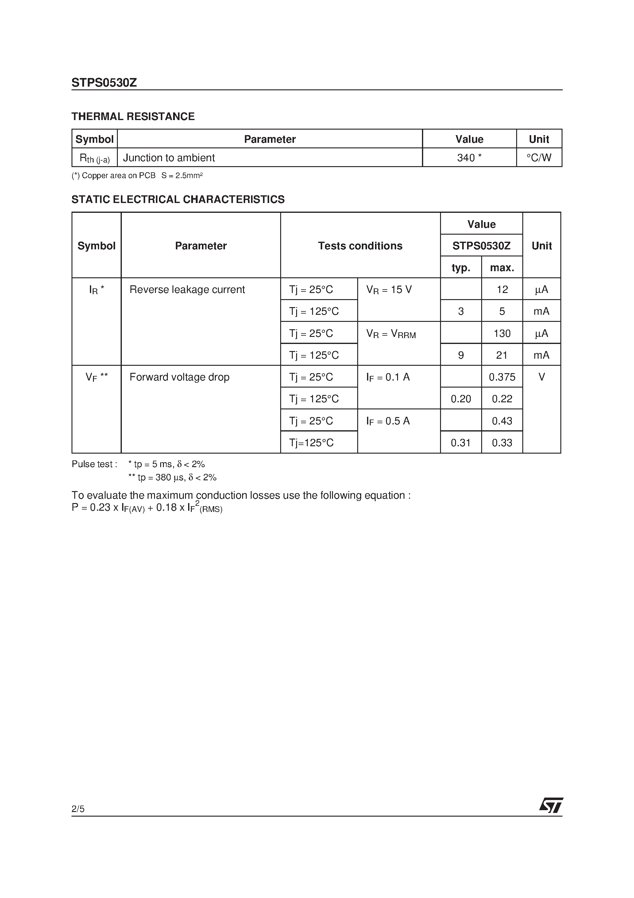 Datasheet STPS0530Z page 2 Datasheet STPS0530Z - SCHOTTKY RECTIFIERS page 2