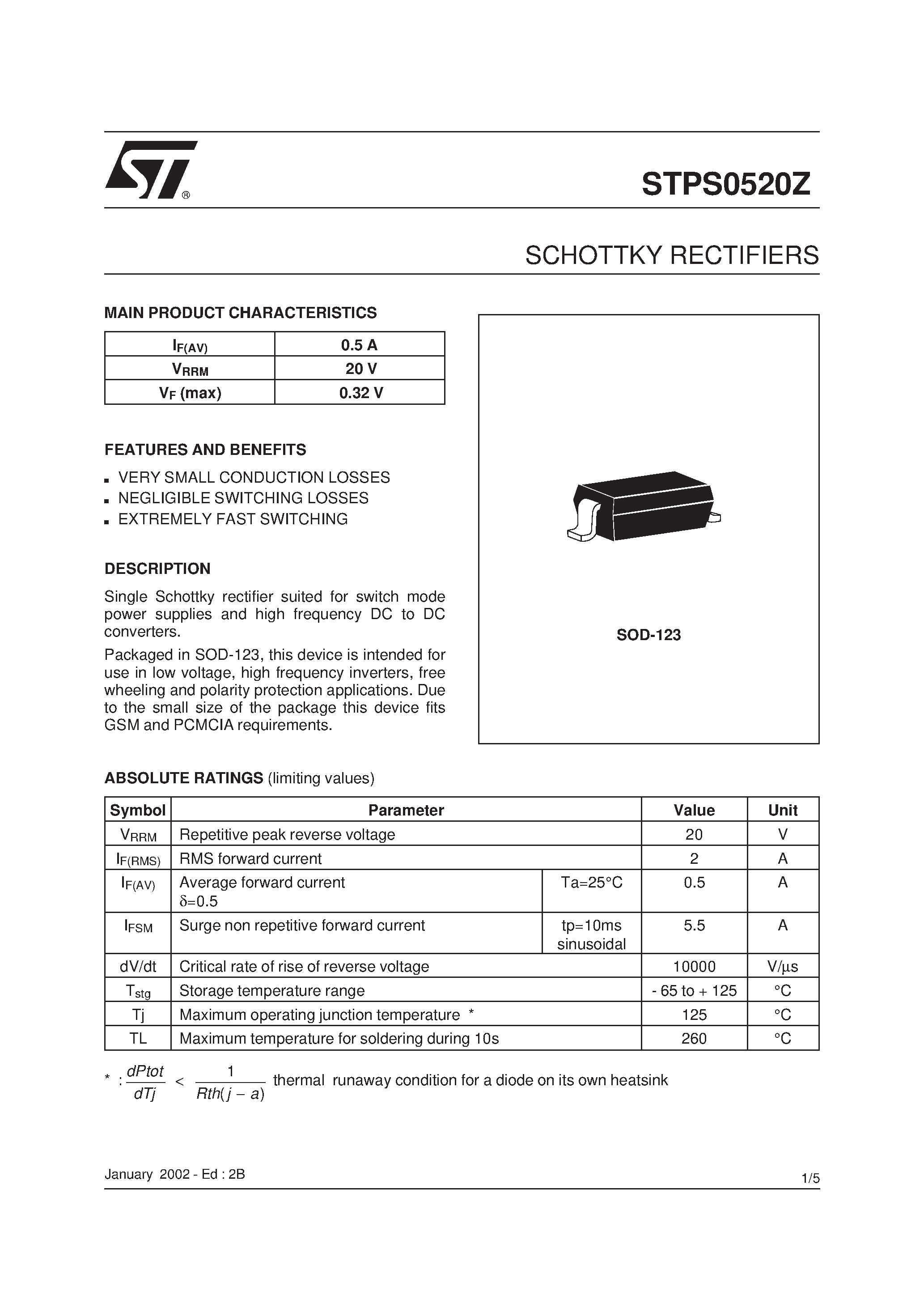Datasheet STPS0520Z page 1 Datasheet STPS0520Z - SCHOTTKY RECTIFIERS page 1