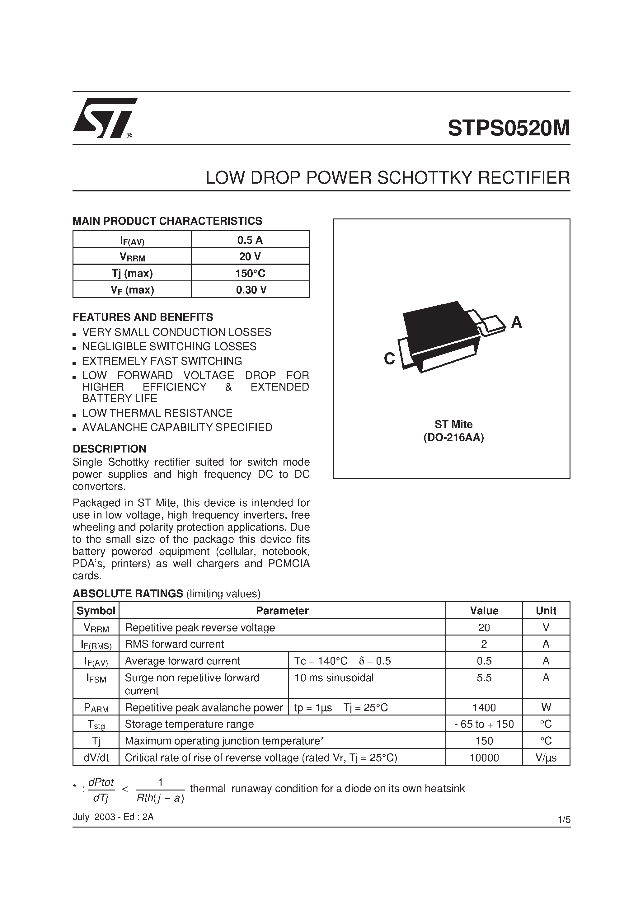 Datasheet STPS0520M page 1 Datasheet STPS0520M - LOW DROP POWER SCHOTTKY RECTIFIER page 1