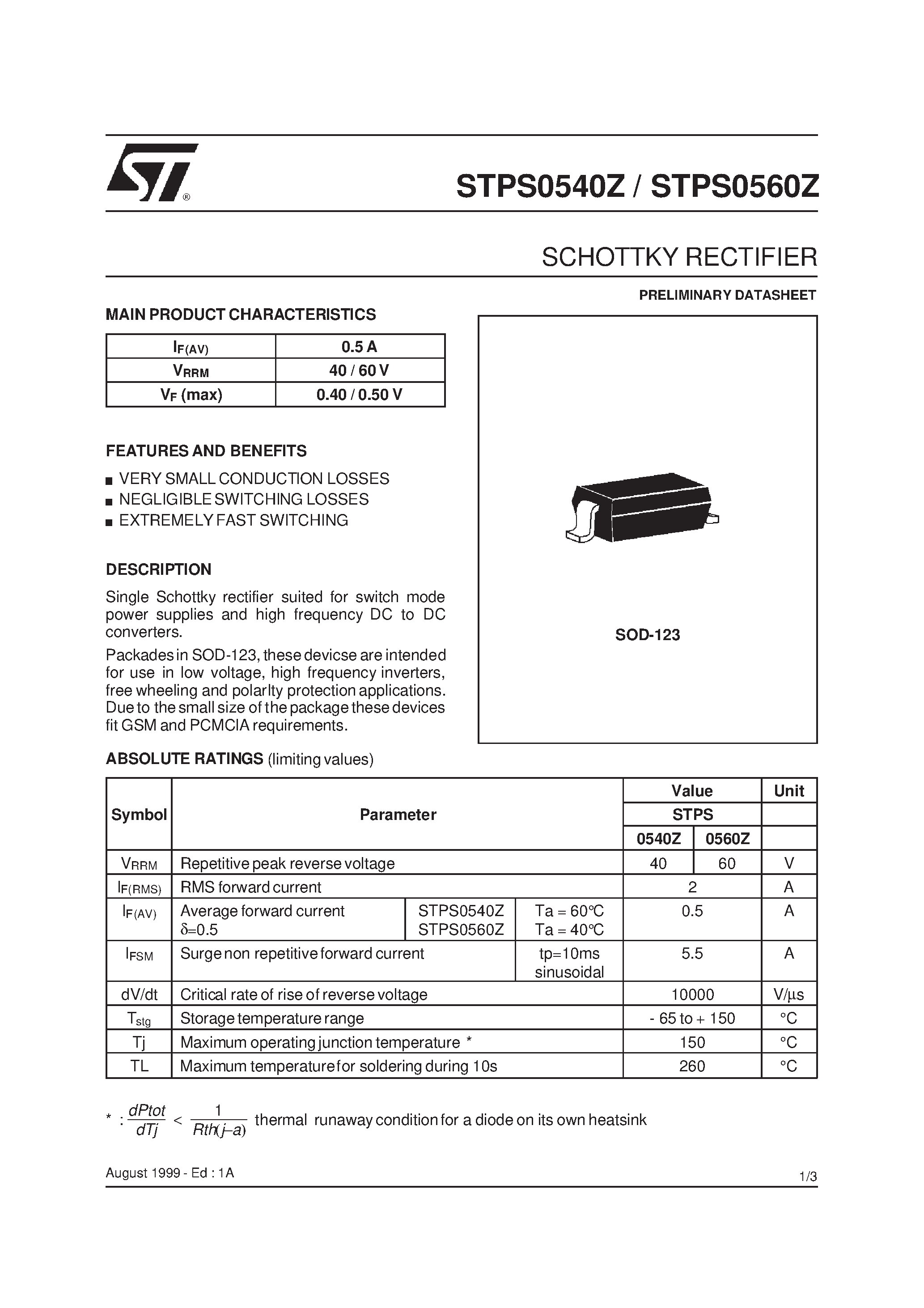 Datasheet STPS0540Z - (STPS0540Z / STPS0560Z) SCHOTTKY RECTIFIER page 1