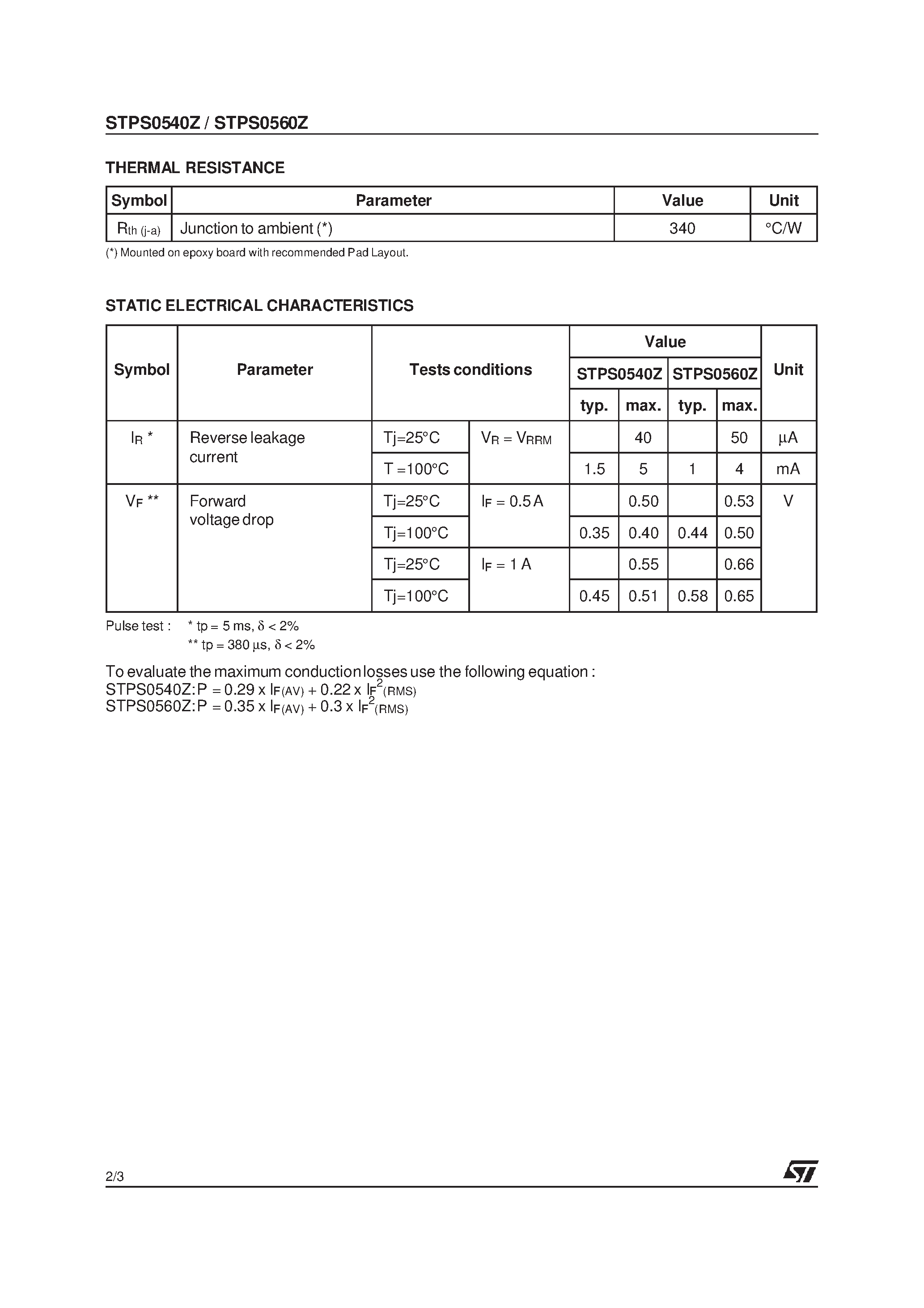 Datasheet STPS0540Z - (STPS0540Z / STPS0560Z) SCHOTTKY RECTIFIER page 2