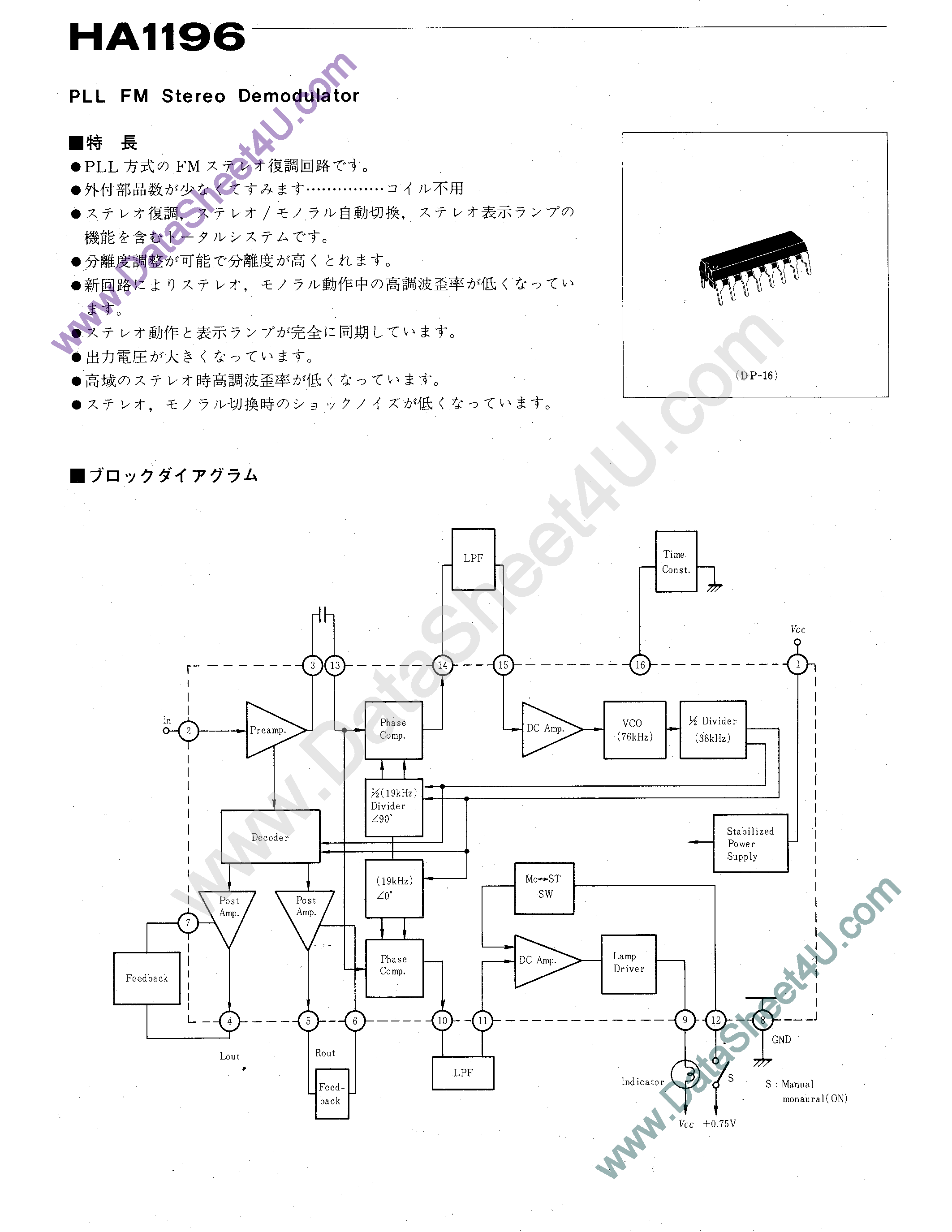 Даташит HA1196 - PLL FM Stereo Demodulator страница 1
