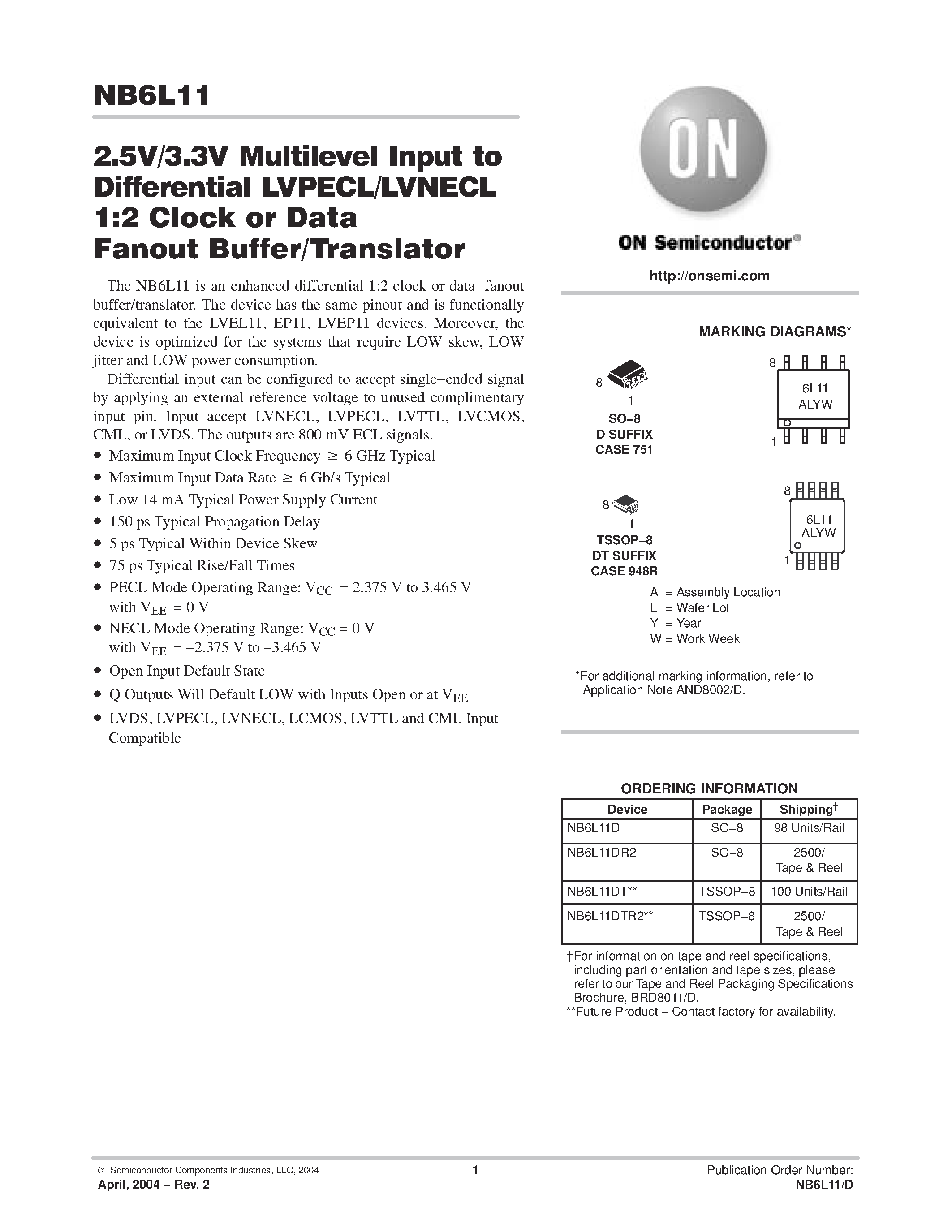 Datasheet NB6L11 - 2.5V / 3.3V MULTILEVEL INPUT TO DIFFERENTIAL LVPECL/LVNECL page 1
