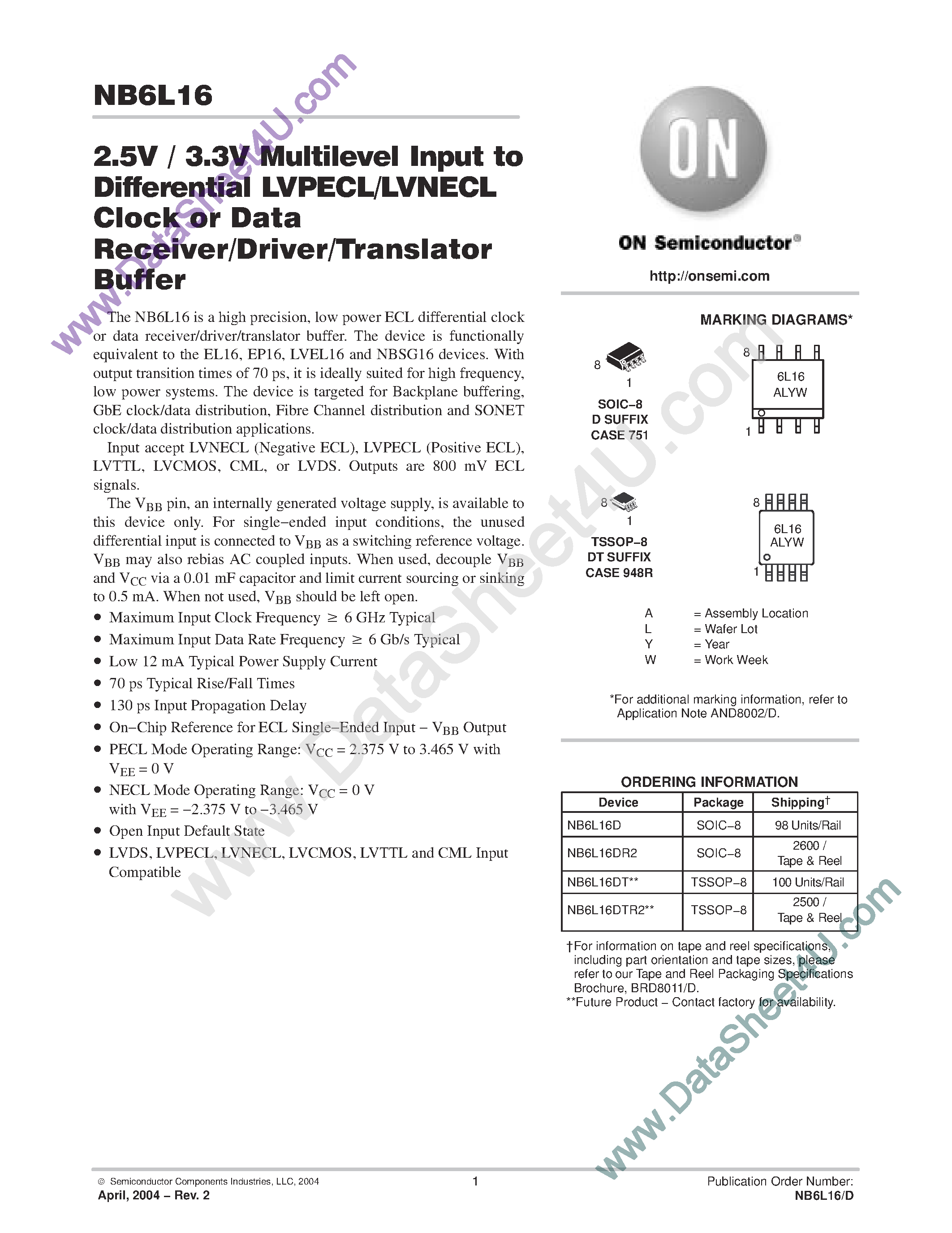 Datasheet NB6L16 - 6GHz/6Gbps 2.5V/3.3V Multi-level Input to Differential Lvecl Clock or Data Translator/receiver/driver Buffer page 1