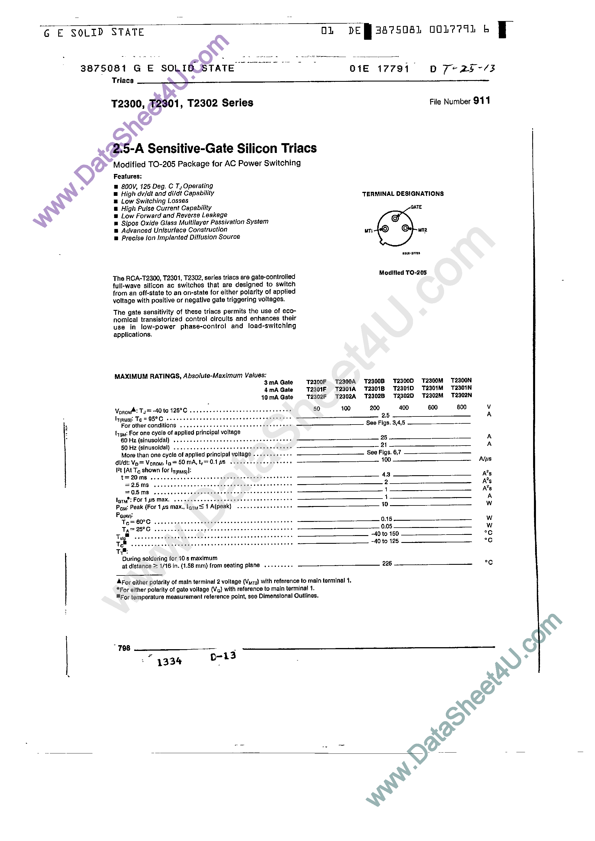 Datasheet T2300 - (T2300 - T2302) 2.5-A sensitive-gate silicon triac. Max 10 mA gate page 1