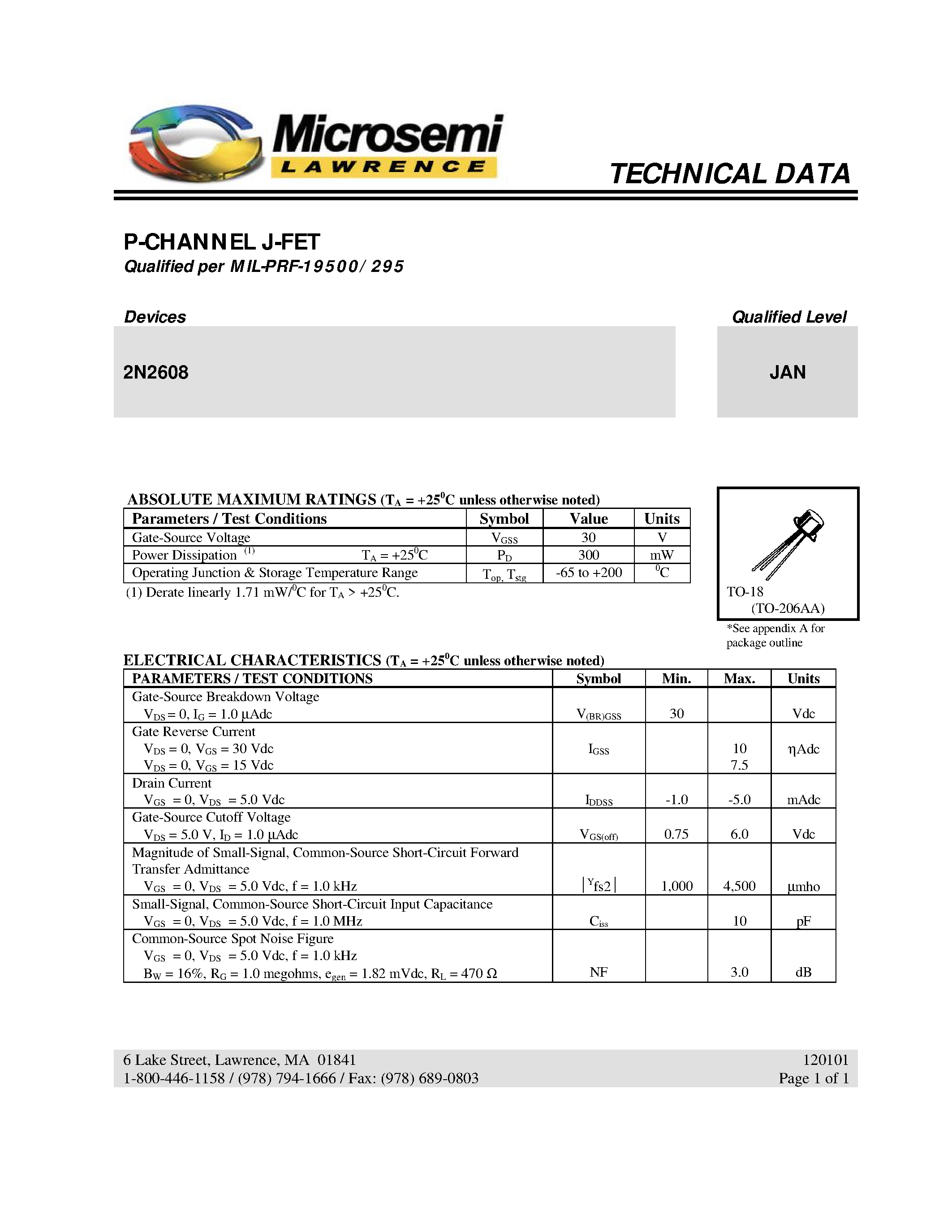 Datasheet JAN2N2608 page 1 Datasheet JAN2N2608 - P-CHANNEL J-FET page 1