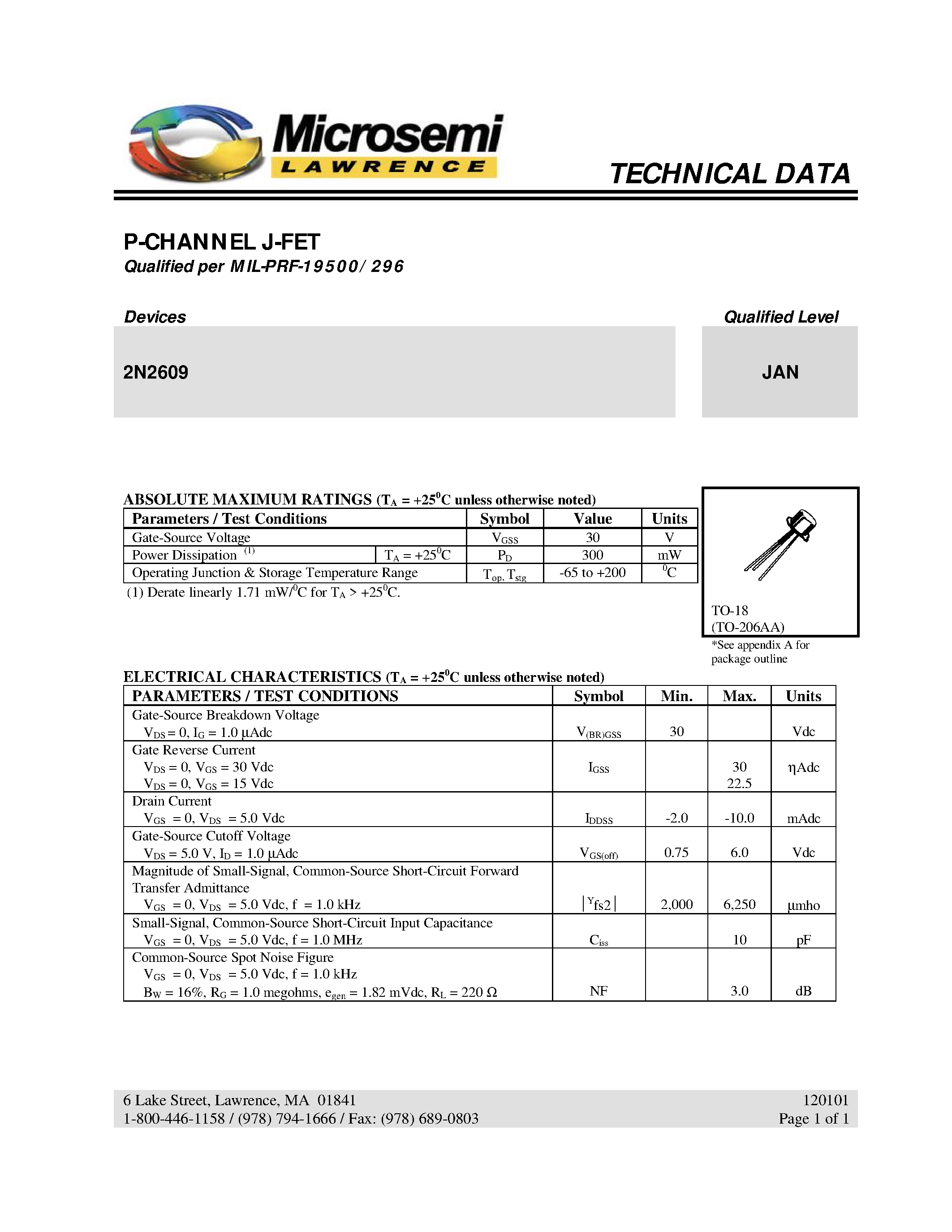 Datasheet JAN2N2609 page 1 Datasheet JAN2N2609 - P-CHANNEL J-FET page 1