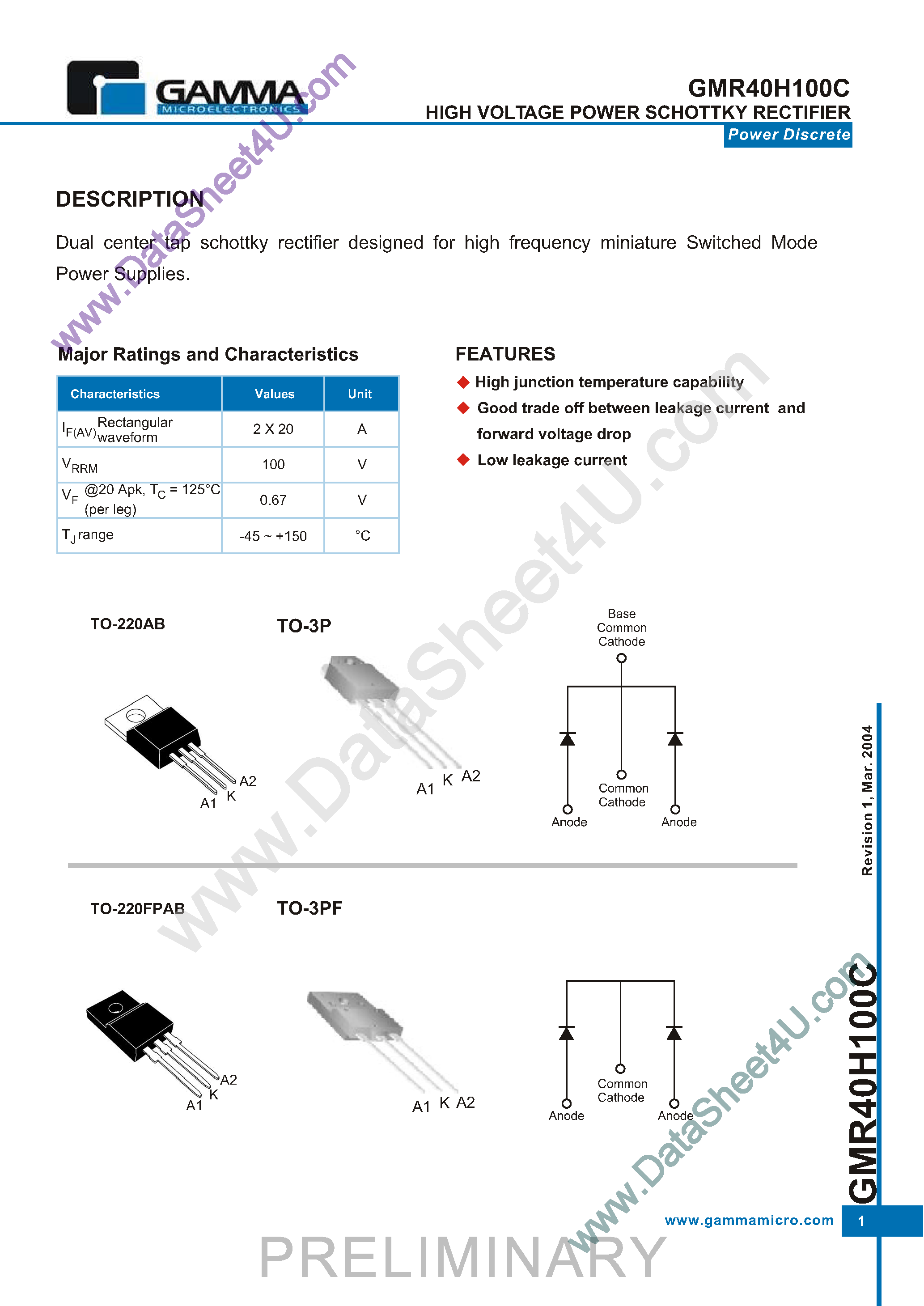 Datasheet GMR40H100C page 1 Datasheet GMR40H100C - High Voltage Power Schottky Rectifier page 1