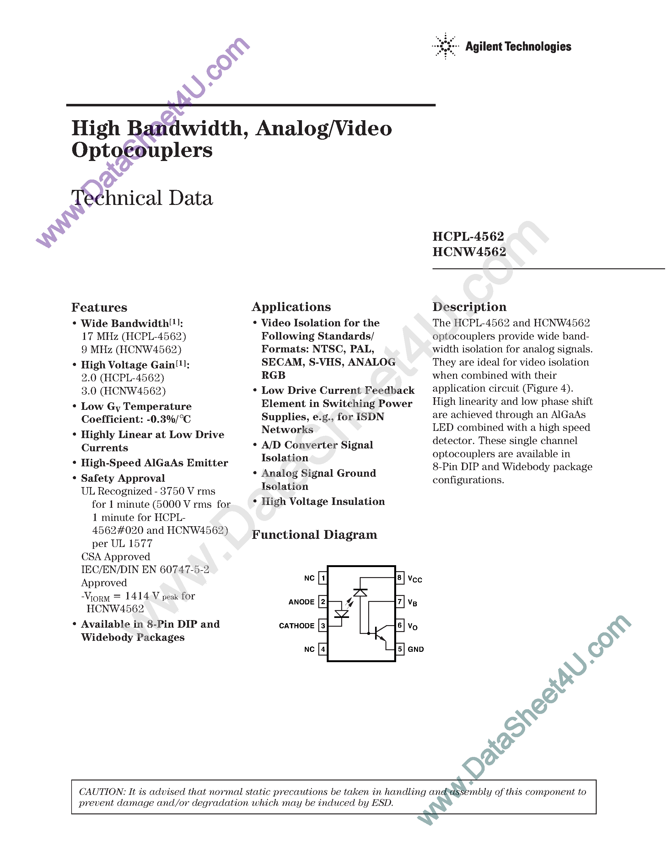 Datasheet HCPL-4562 - High Bandwidth Analog/Video Optocouplers page 1