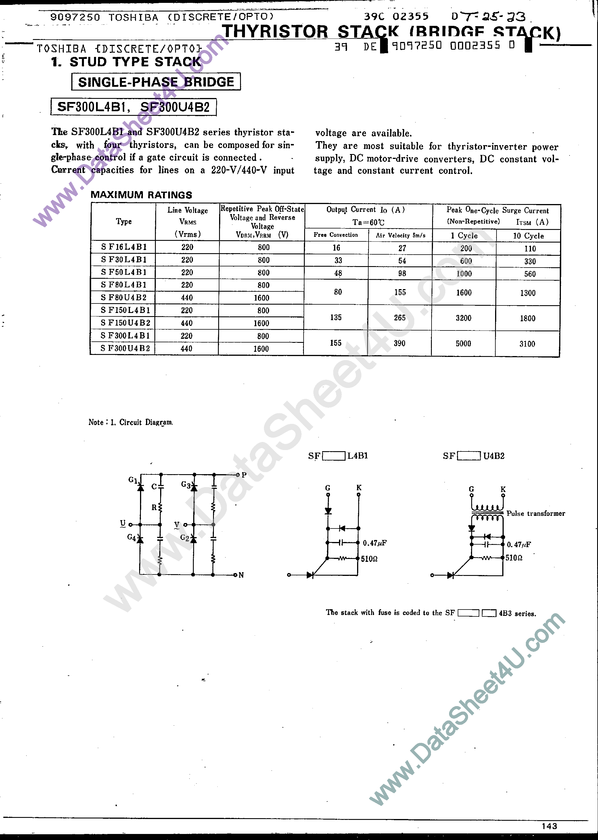 Datasheet SF150L4B1 page 1 Datasheet SF150L4B1 - (SF1xxxx) Stud Type Stack / Single-Phase Bridge page 1
