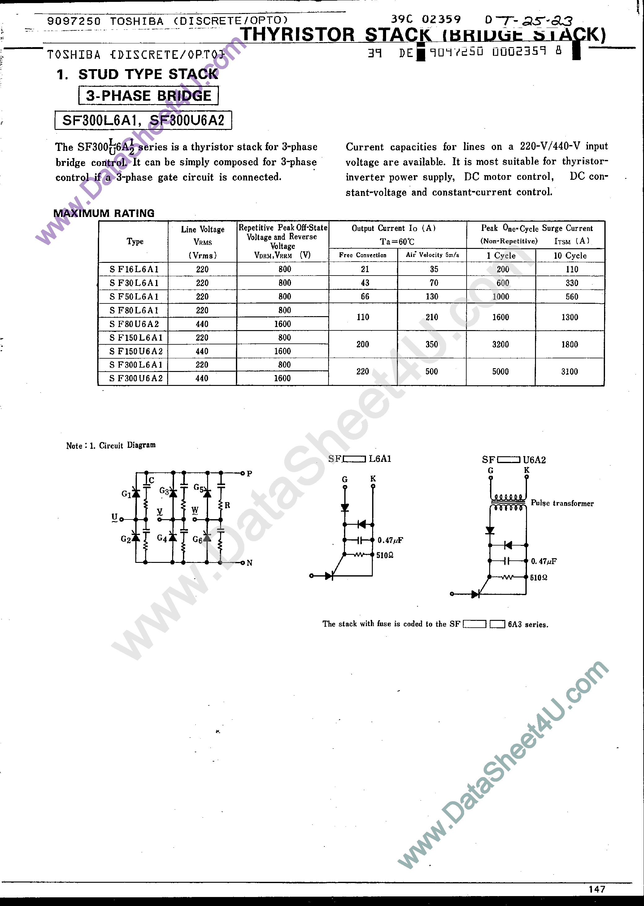 Datasheet SF150L6A1 page 1 Datasheet SF150L6A1 - (SF1xxxx) Stud Type Stack / 3-Phase Bridge page 1