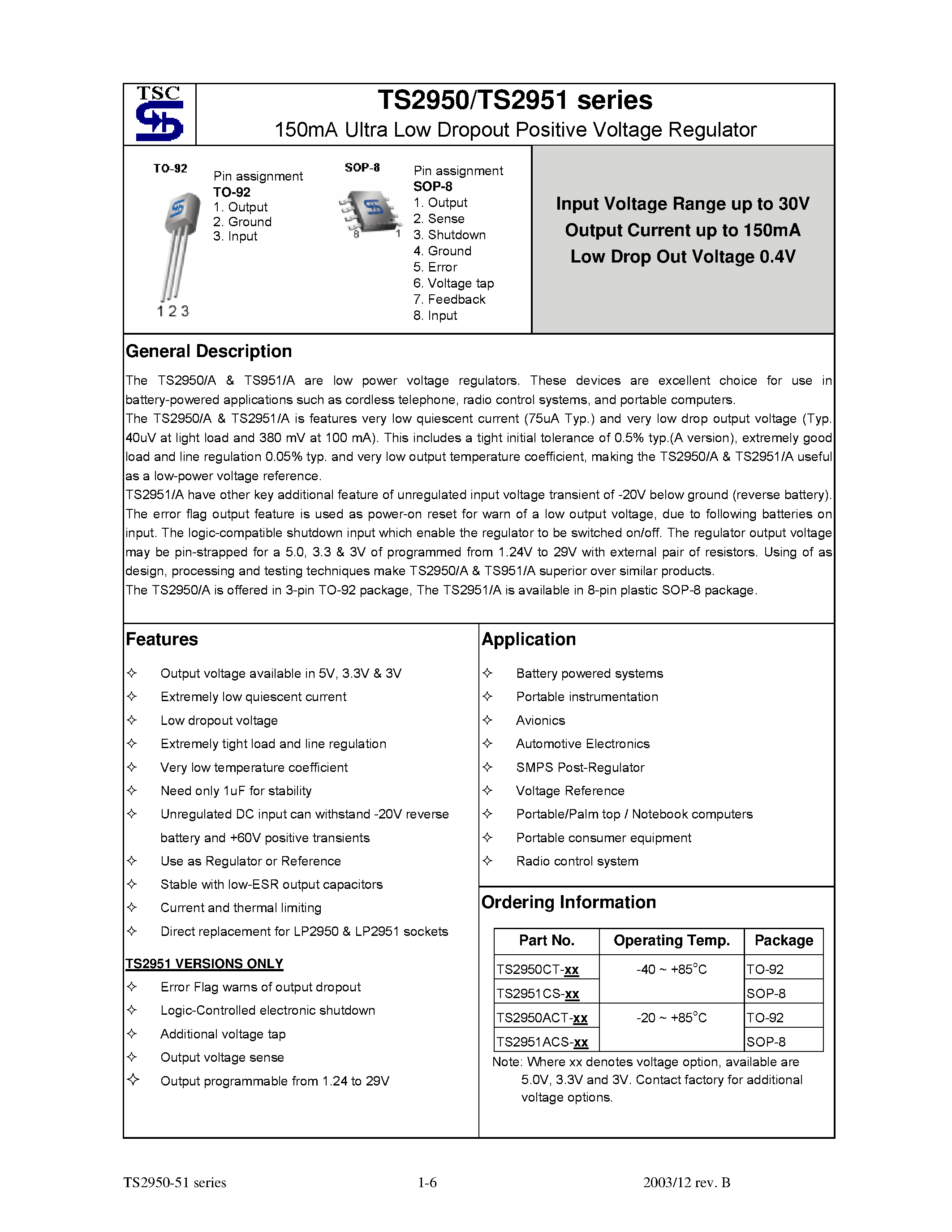 Datasheet TS2950 - (TS2950 / TS2951) 150mA Ultra Low Dropout Positive Voltage Regulator page 1