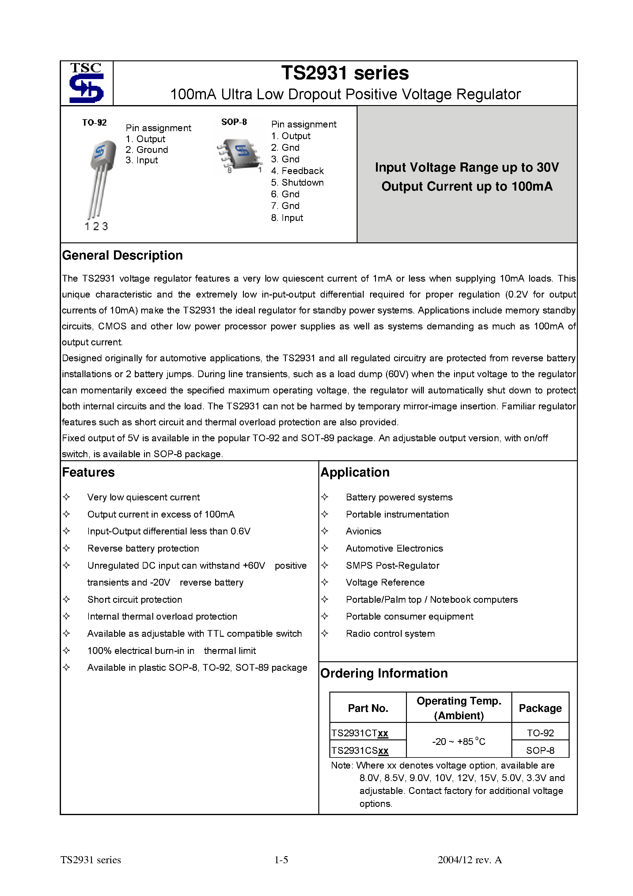 Даташит TS2931 - 100mA Ultra Low Dropout Positive Voltage Regulator страница 1