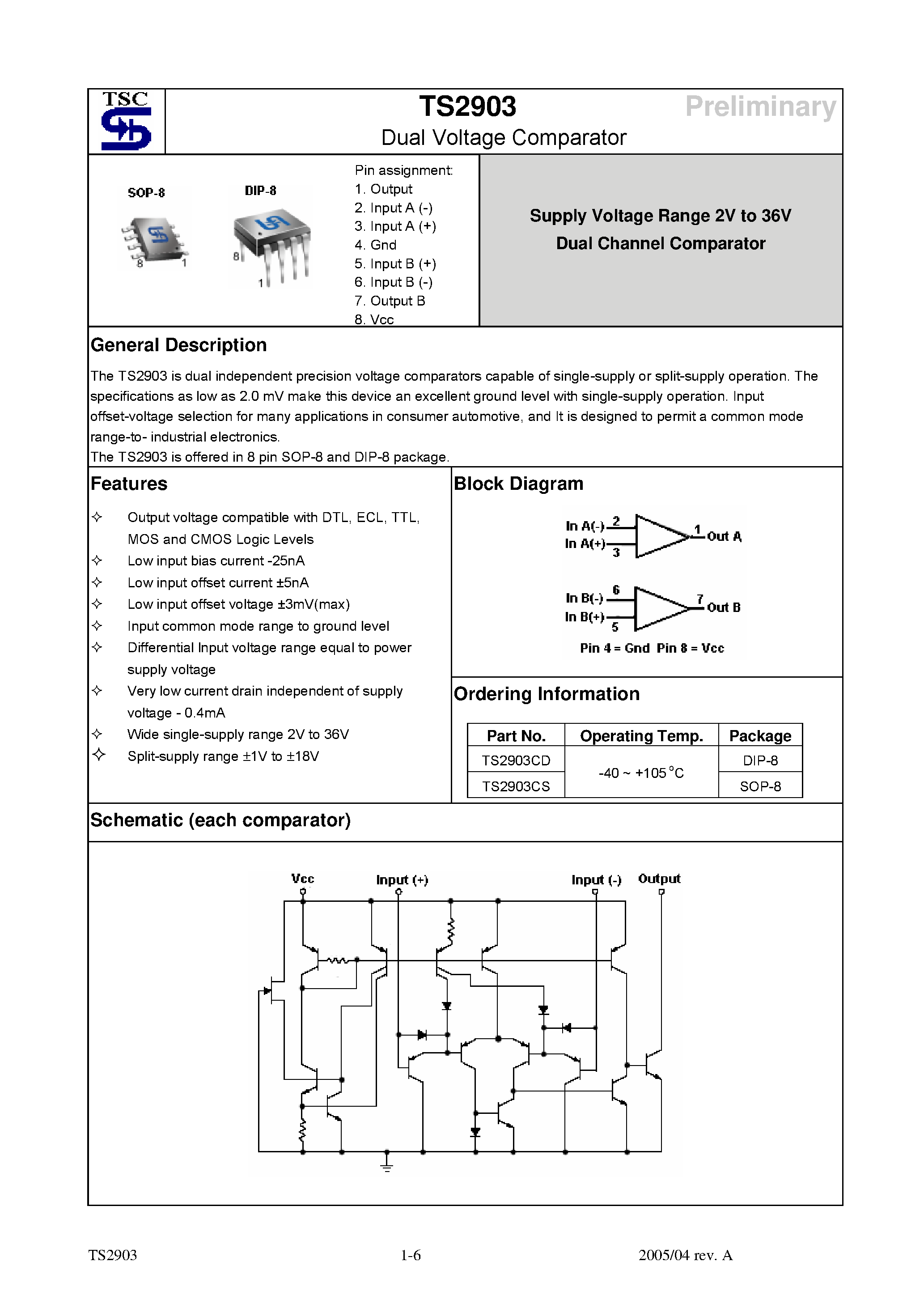 Даташит на микросхему TS2903 страница 1 Даташит TS2903 - Dual Voltage Comparator страница 1