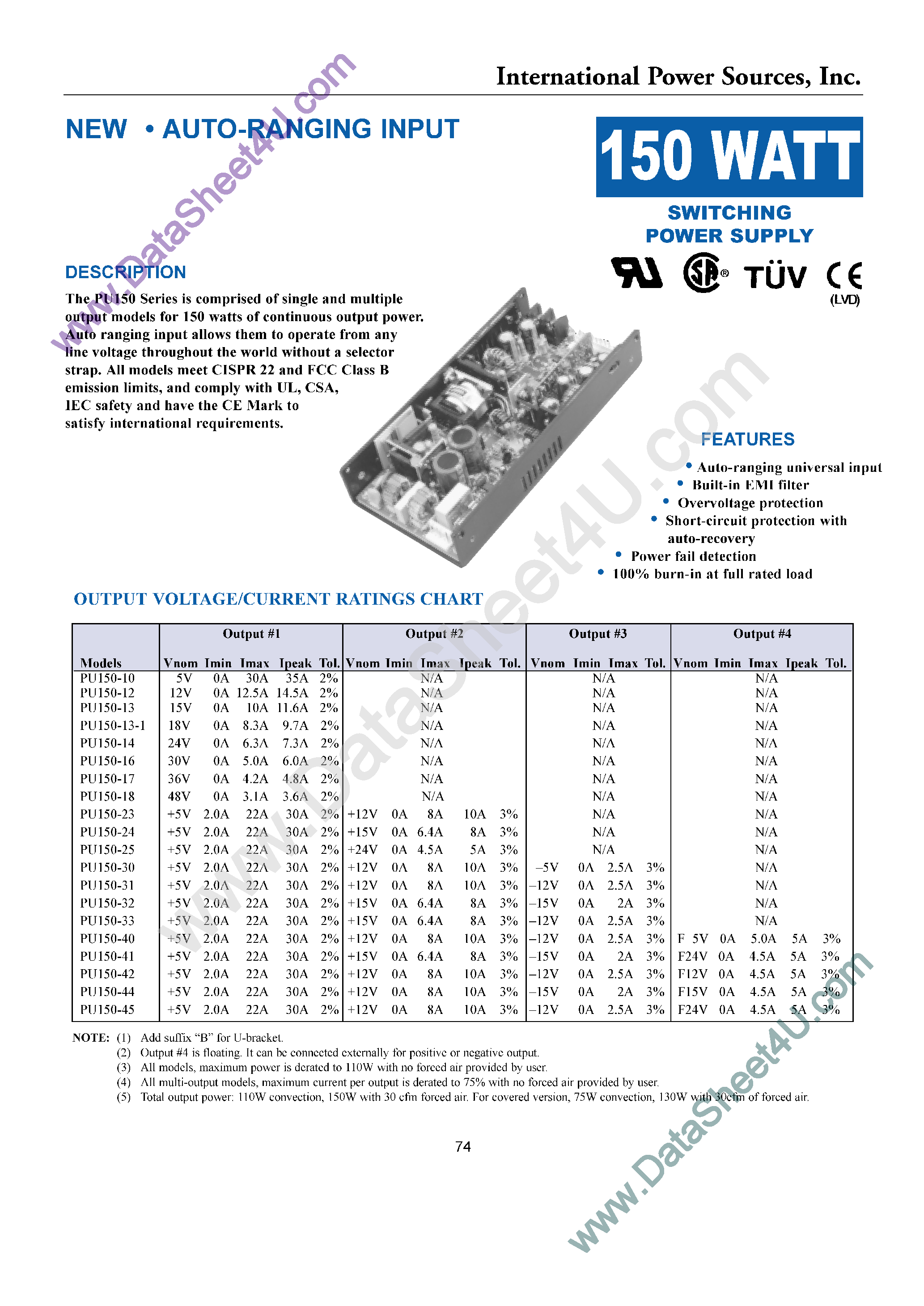Datasheet PU150-xx - Switching power supply page 1