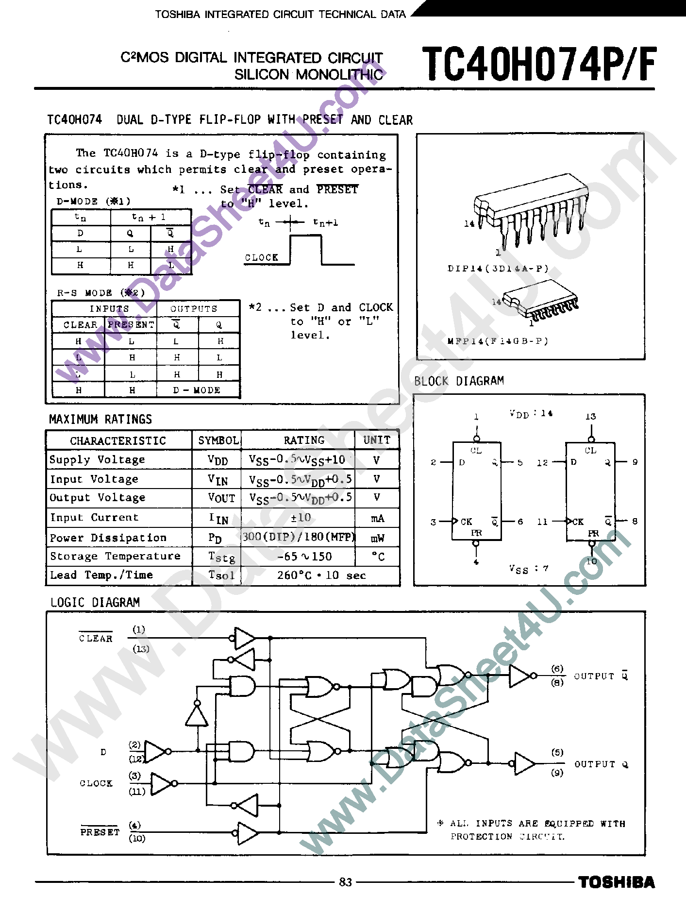 Datasheet TC40H074F page 1 Datasheet TC40H074F - Dual D-Type Flip-Flop page 1