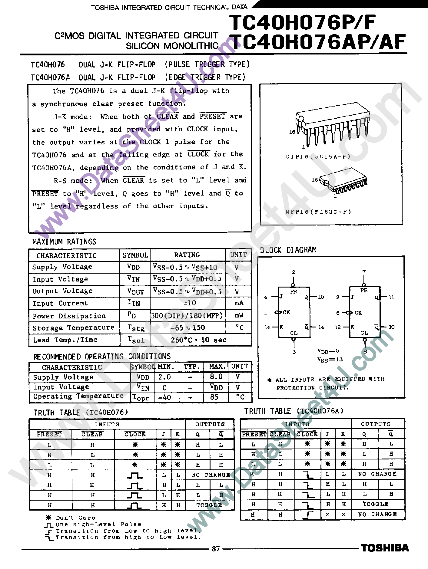 Даташит на микросхему TC40H076 страница 1 Даташит TC40H076 - Dual J-J Flip-Flop страница 1