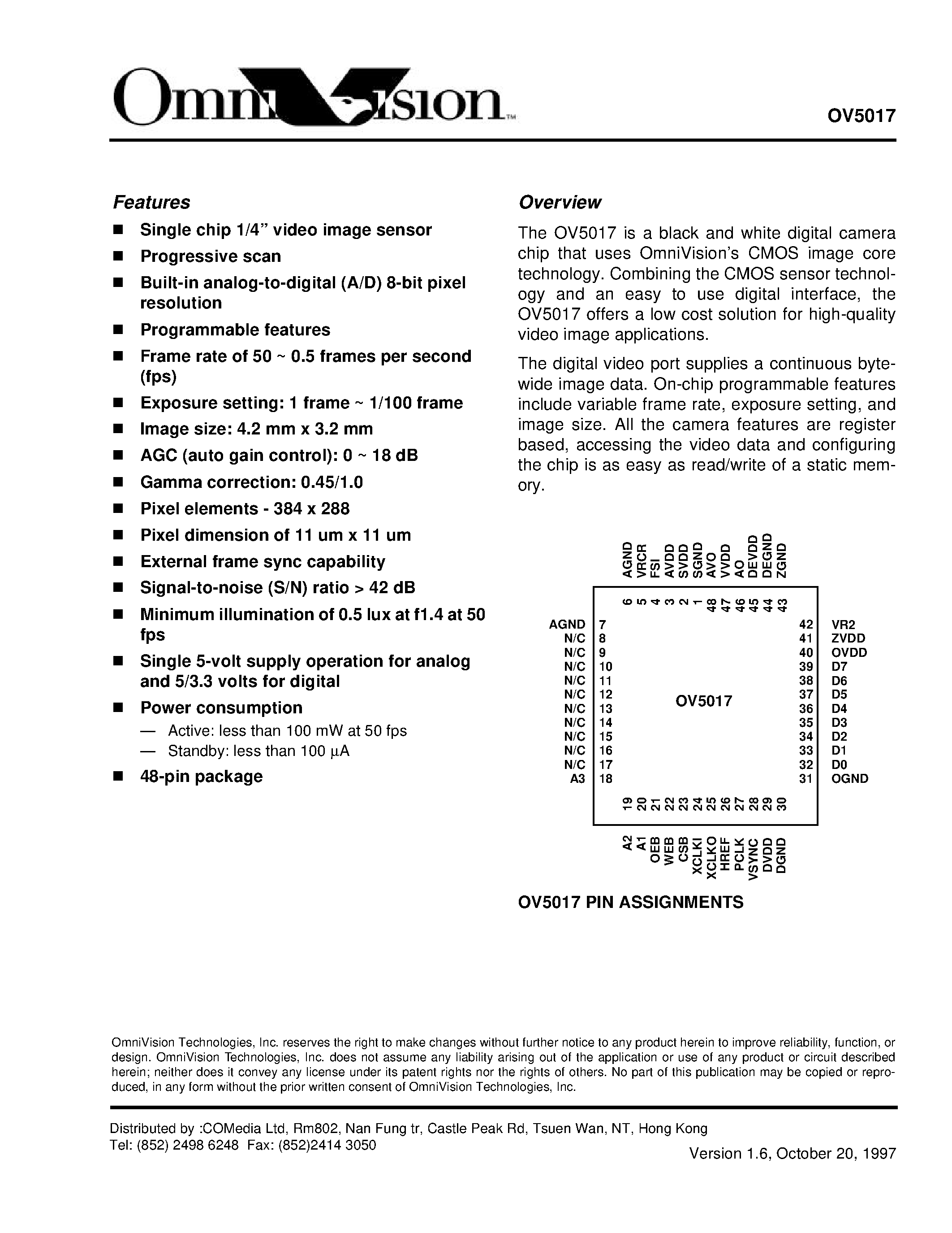 Datasheet OV5017 - Single chip 1/4 video image sensor page 1