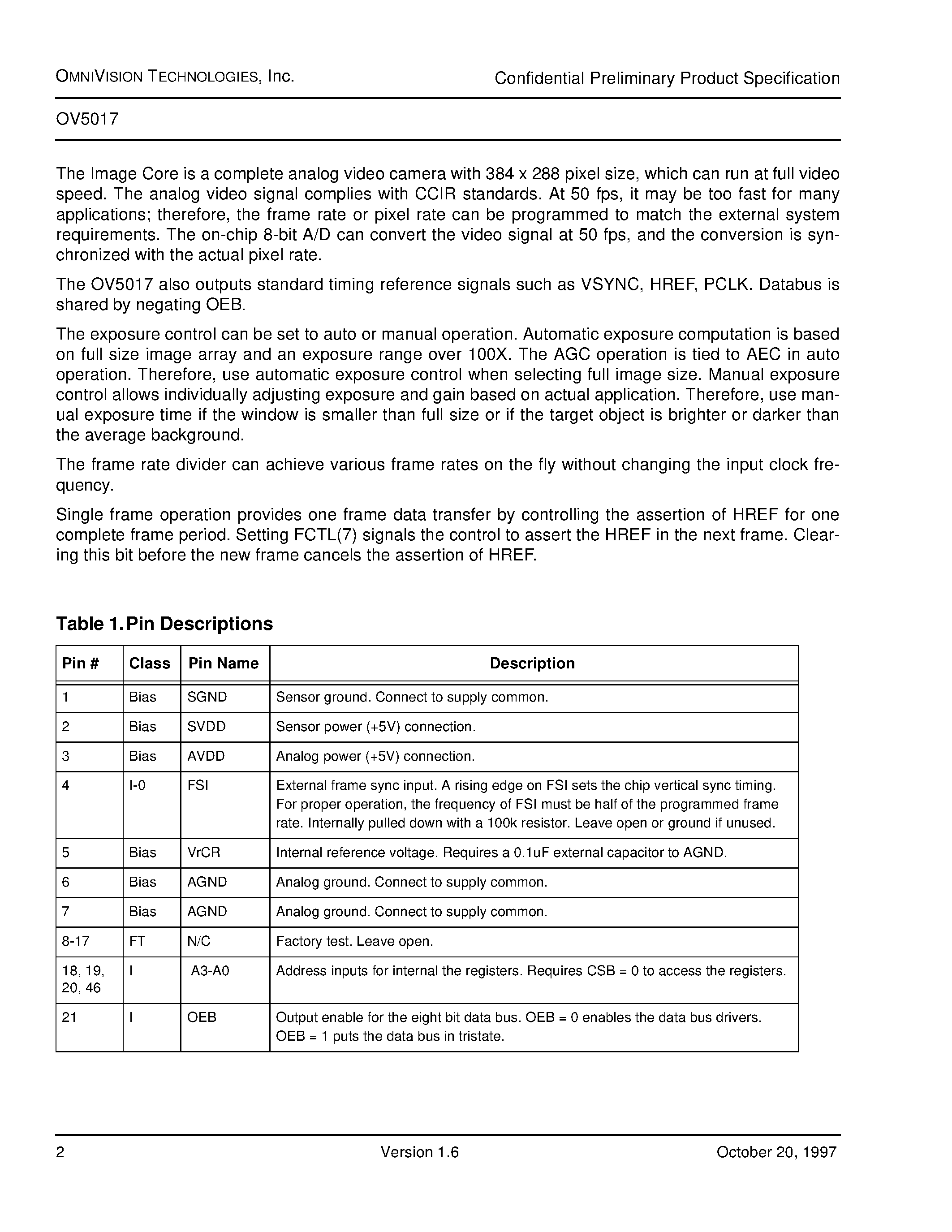 Datasheet OV5017 - Single chip 1/4 video image sensor page 2