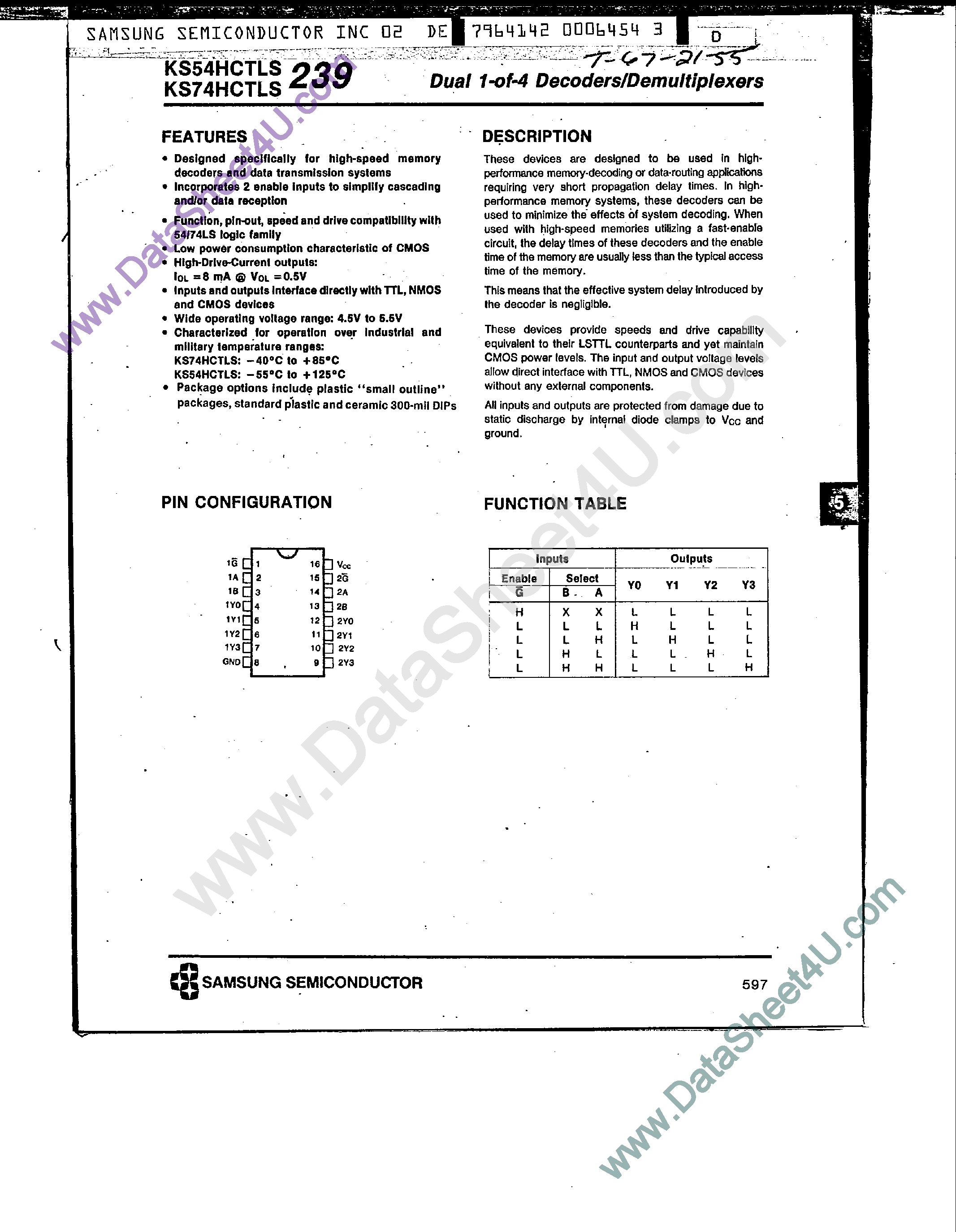 Datasheet 74HCTLS239 page 1 Datasheet 74HCTLS239 - Dual 1-do-4 Decoder / Demultiplexers page 1