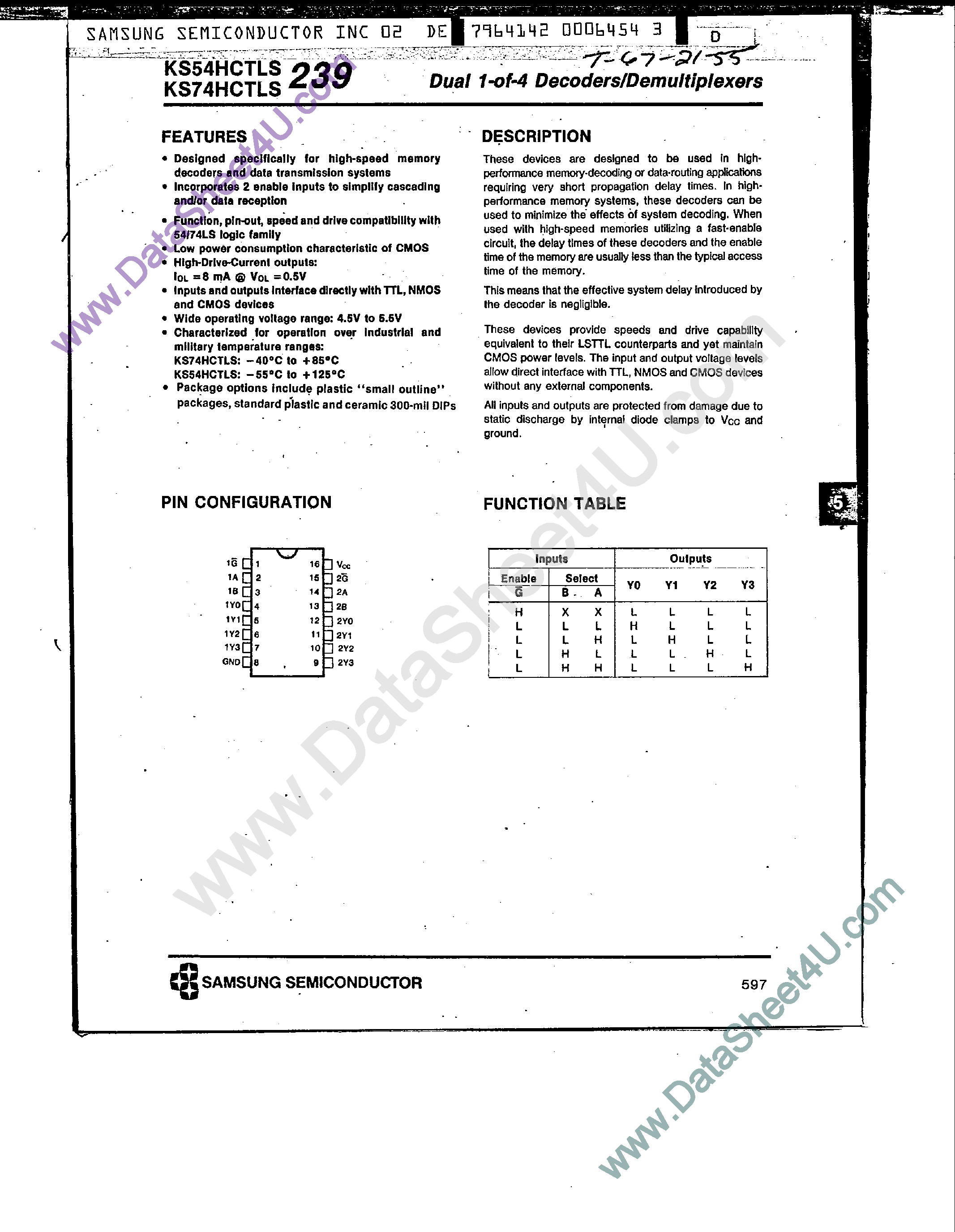 Datasheet 74HCTLS239 - Dual 1-do-4 Decoder / Demultiplexers page 1