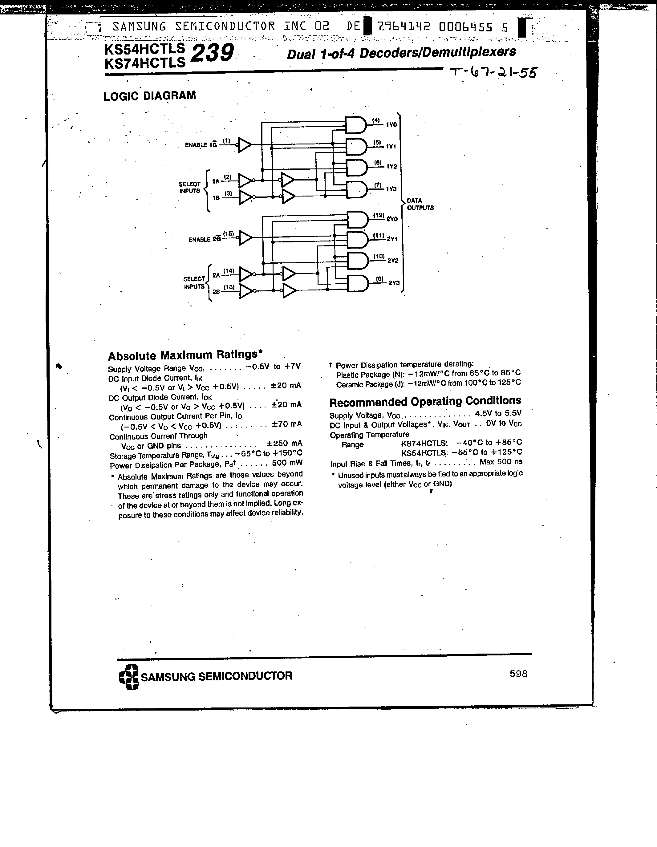 Datasheet 74HCTLS239 page 2 Datasheet 74HCTLS239 - Dual 1-do-4 Decoder / Demultiplexers page 2