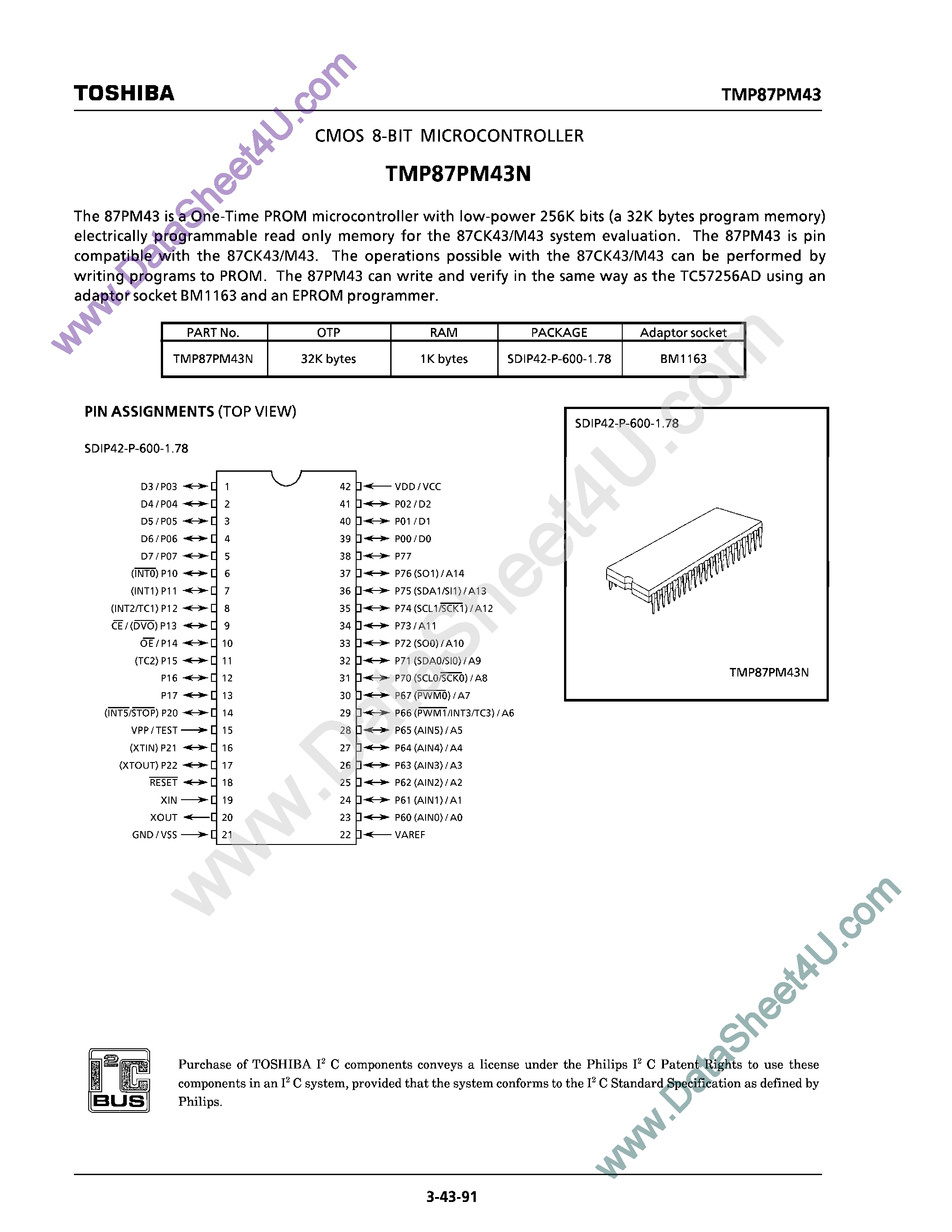 Datasheet TMP87PM43N - CMOS 8-Bit Microcontroller page 1