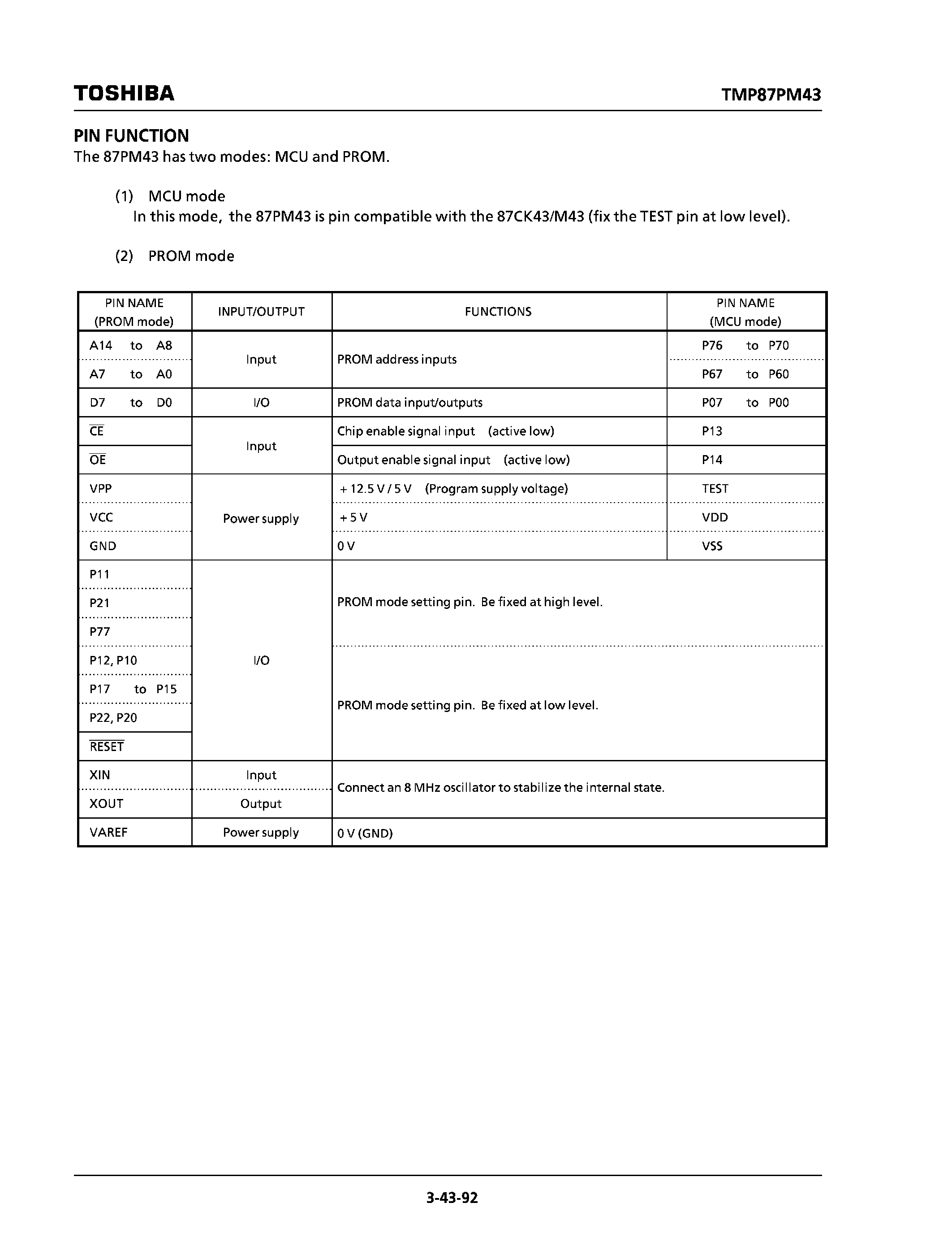 Datasheet TMP87PM43N - CMOS 8-Bit Microcontroller page 2