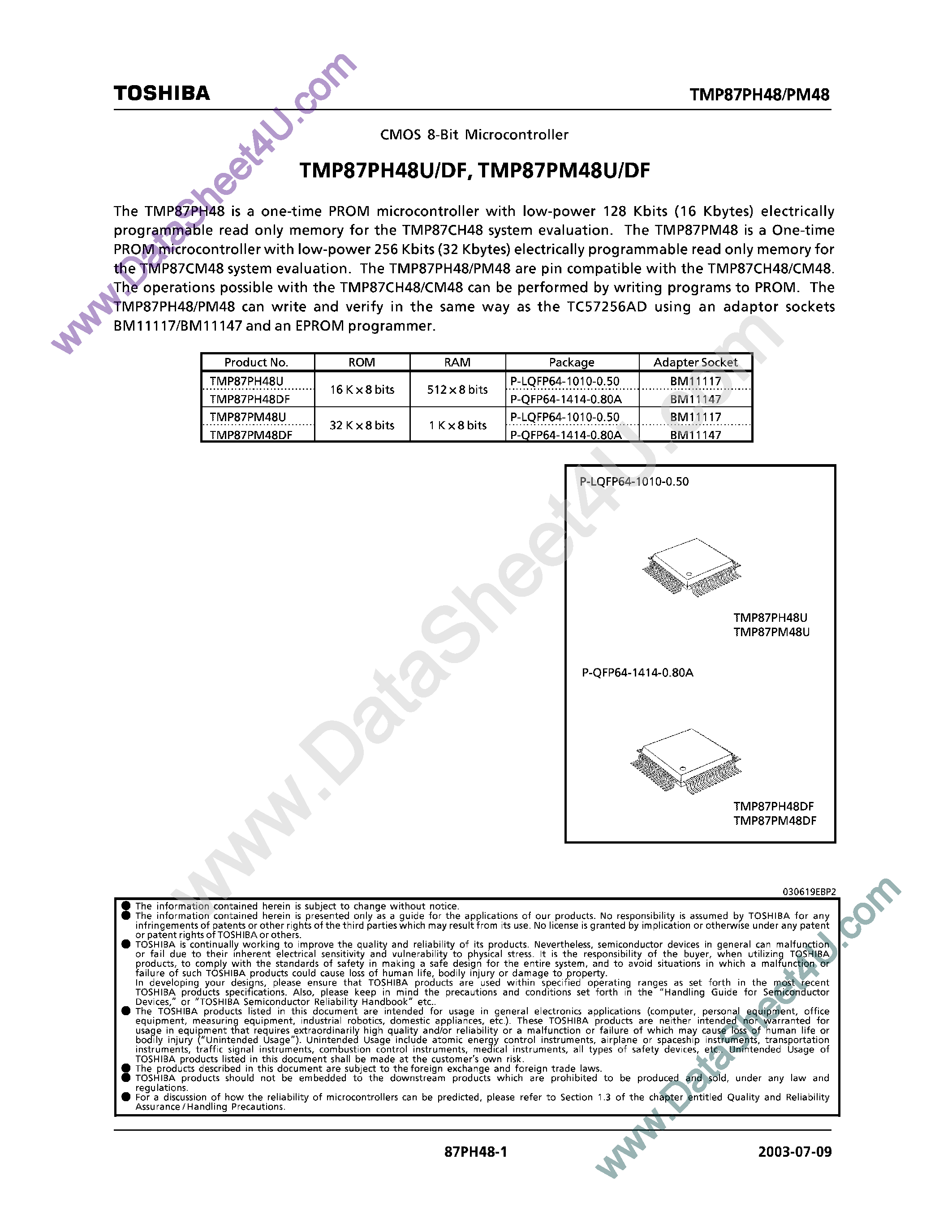 Datasheet TMP87PH48DF - (TMP87PM48U/DF / TMP87PH48U/DF) CMOS 8-Bit Microcontroller page 1
