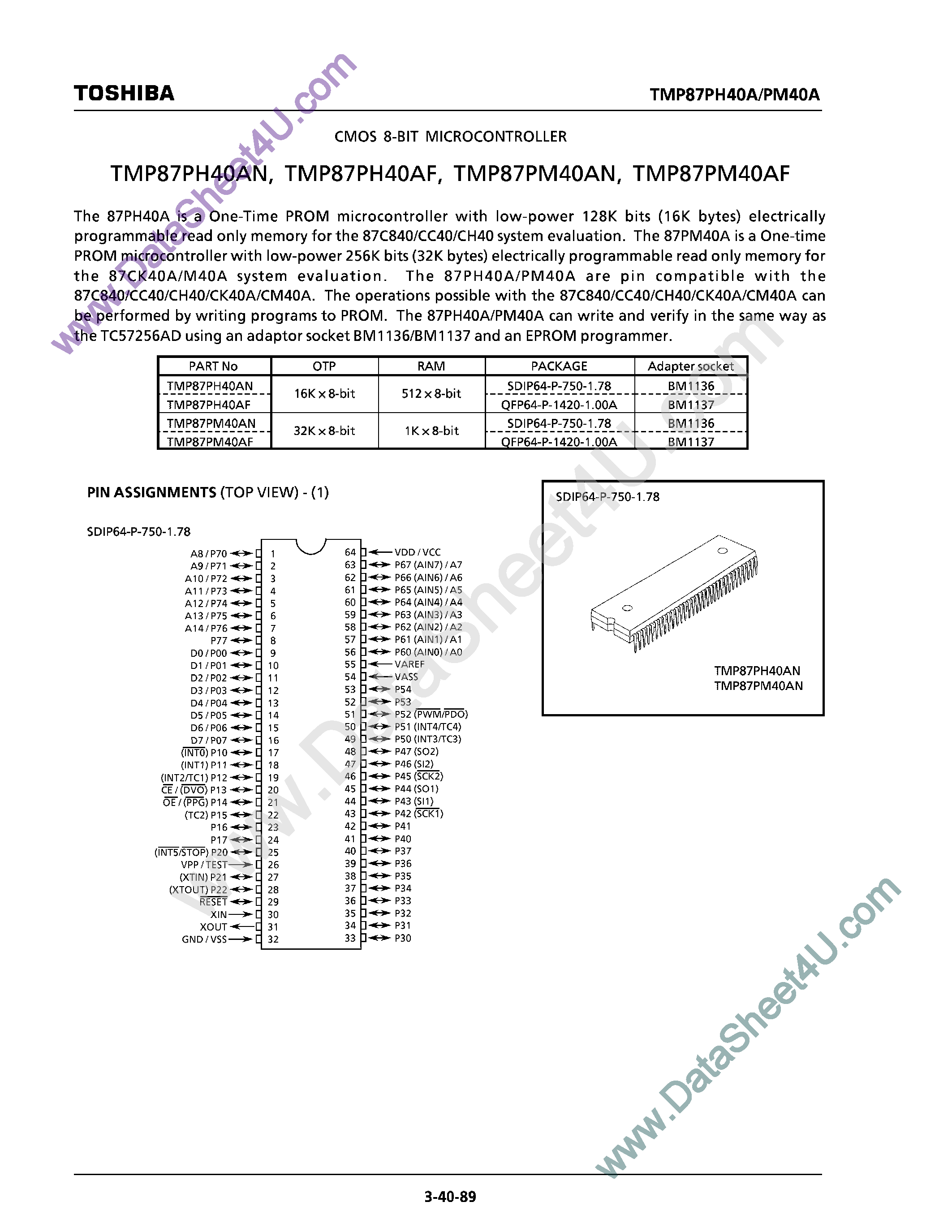Datasheet TMP87PH40AF - (TMP87PM40AF/AN / TMP87PH40AF/AN) CMOS 8-Bit Microcontroller page 1