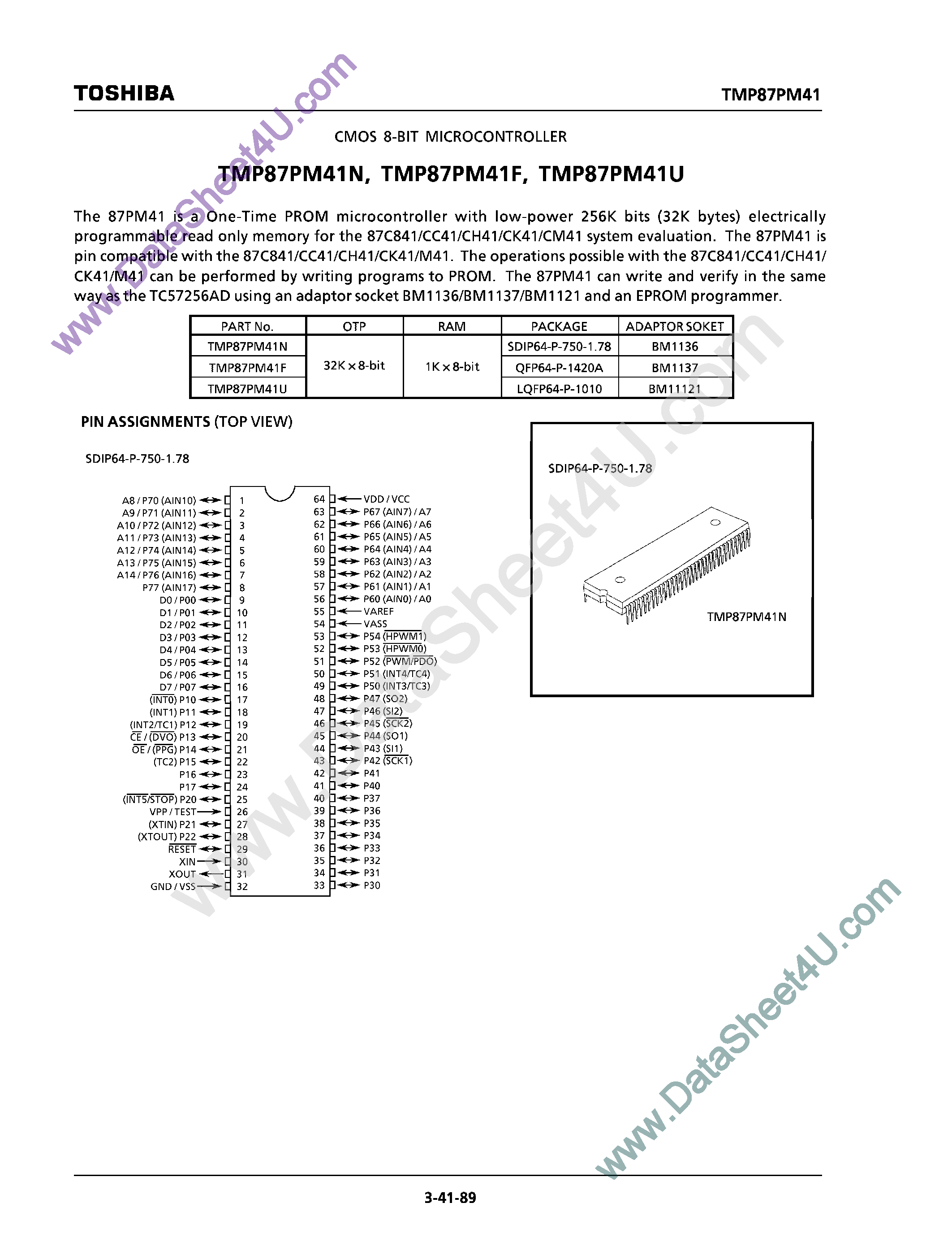 Datasheet TMP87PM41 - CMOS 8-Bit Microcontroller page 1