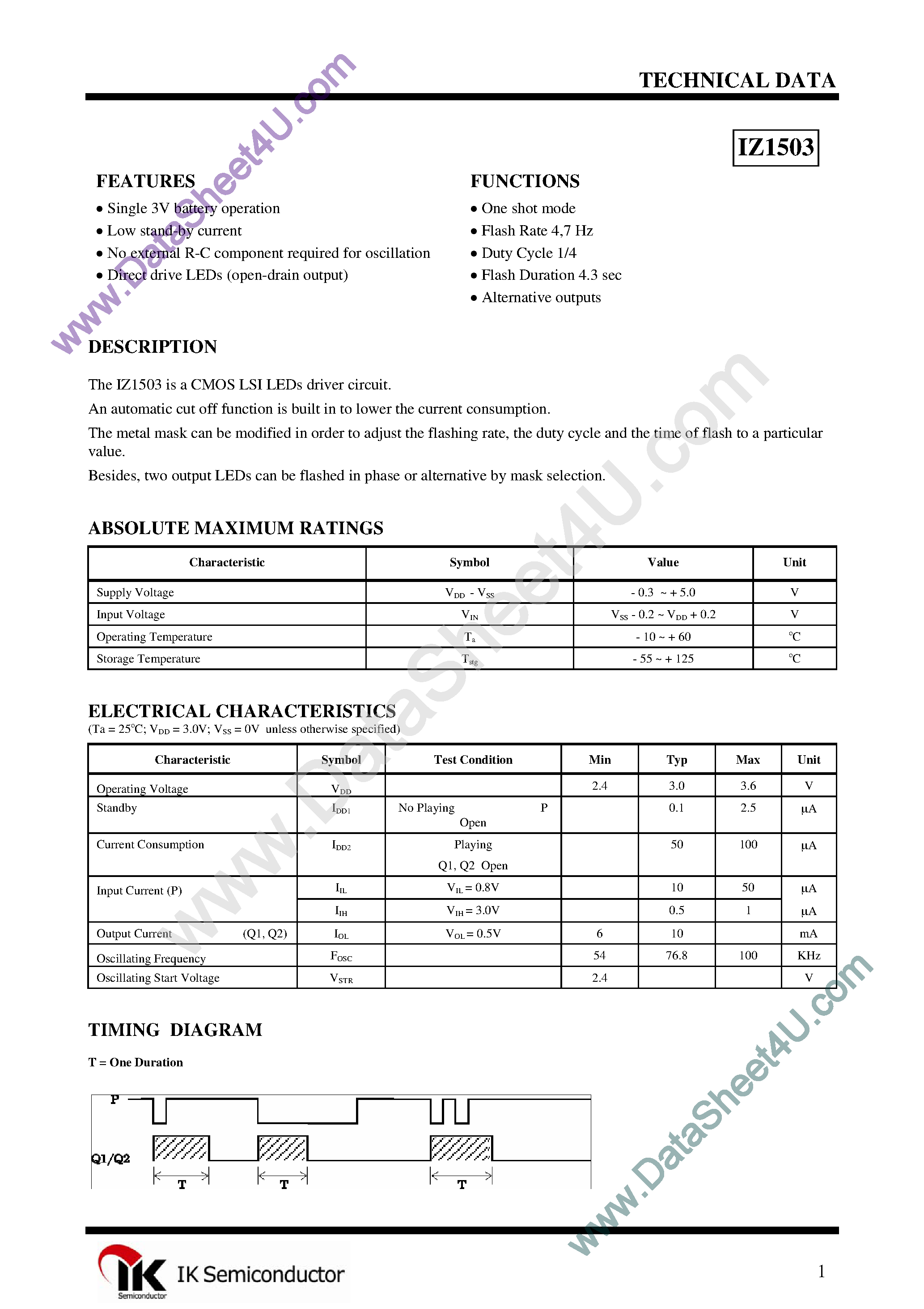 Datasheet IZ1503 page 1 Datasheet IZ1503 - Supply Votage(V) : 2.0~3.6 page 1