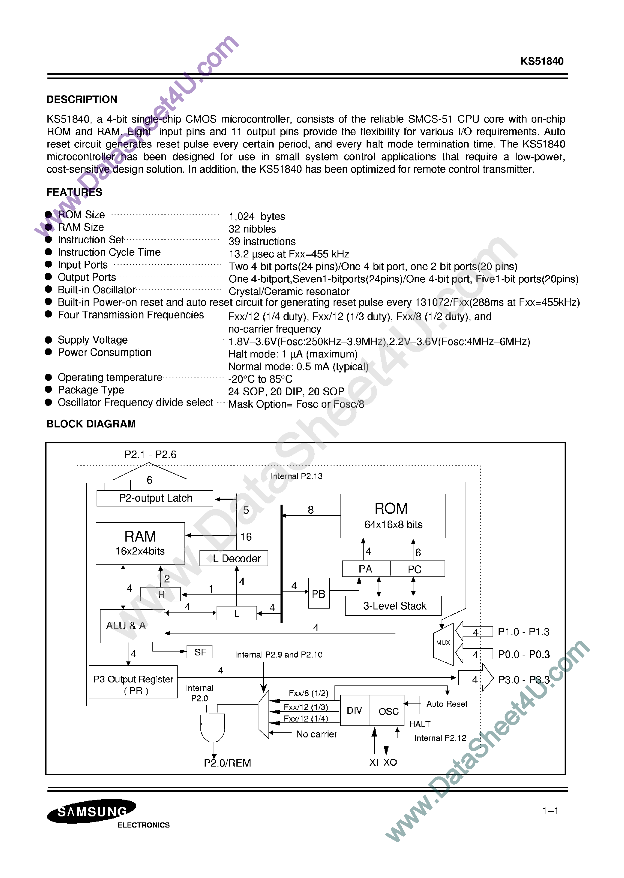 Datasheet KS51840 - (KS51840 / KS51845) 4-Bit CMOS Microcontroller page 1