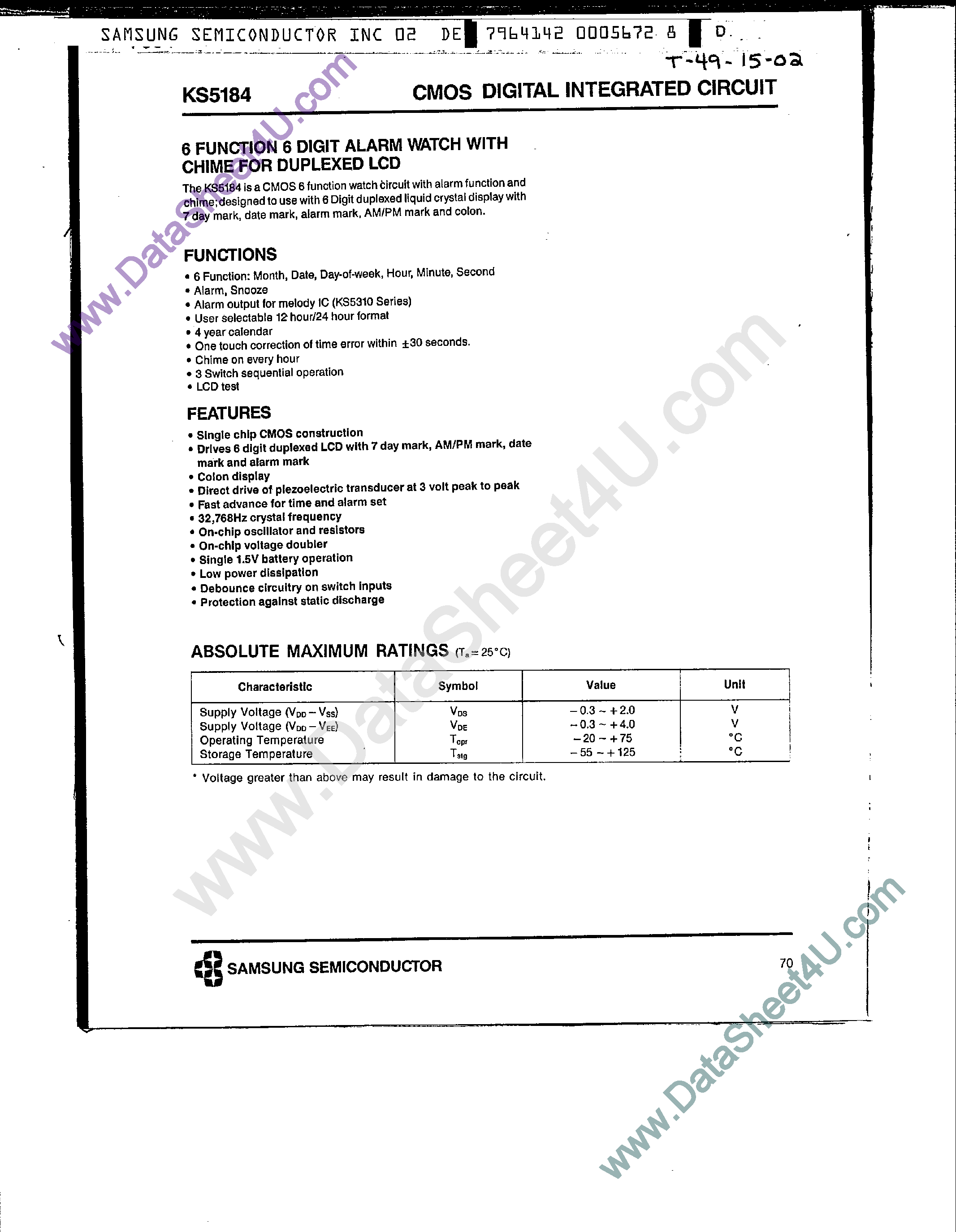 Datasheet KS5184 - 6 Function 6 Digital Alarm Watch page 1