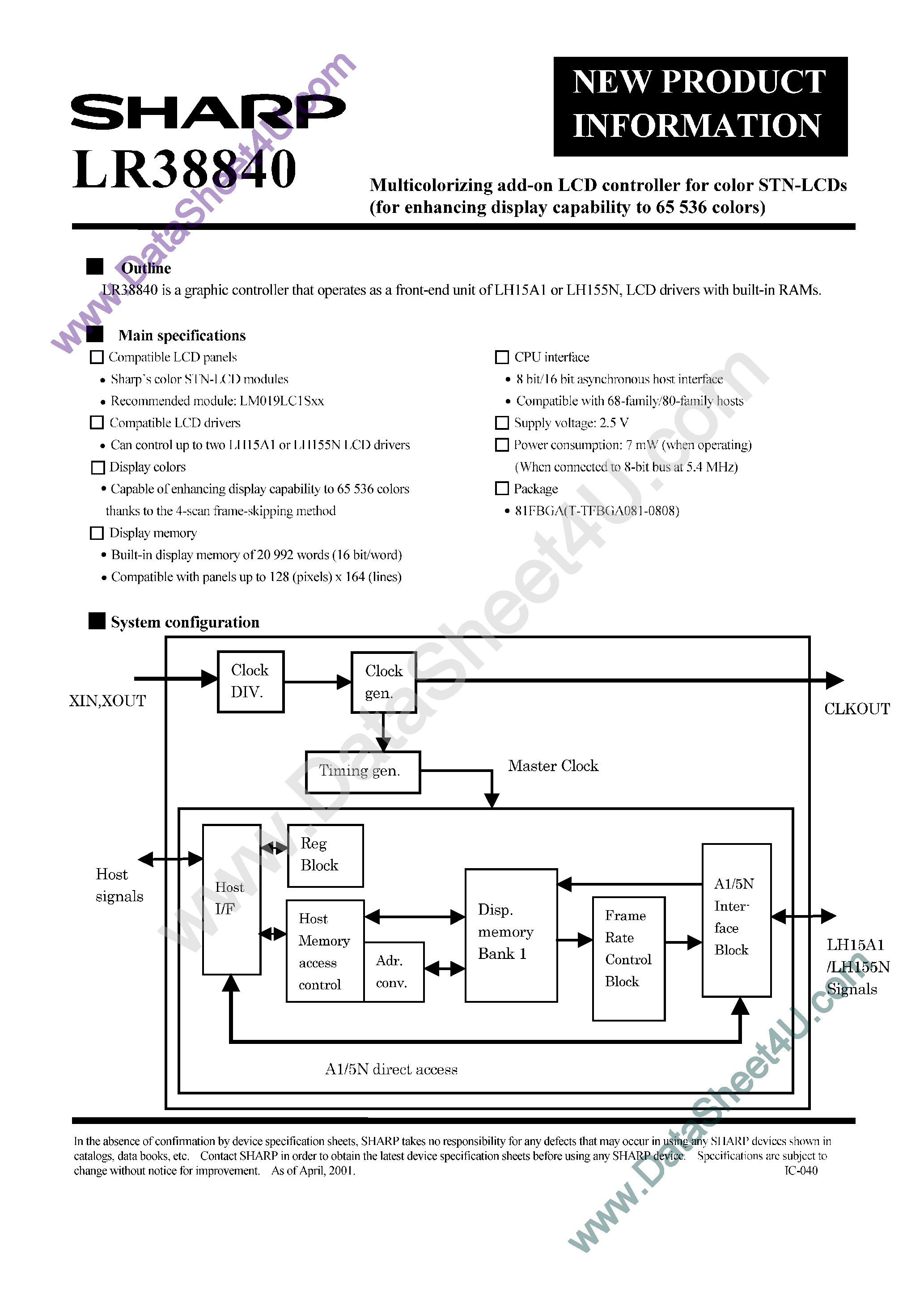 Datasheet LR38840 page 1 Datasheet LR38840 - Multicolorizing add-on LCD controller for color STN-LCDs page 1