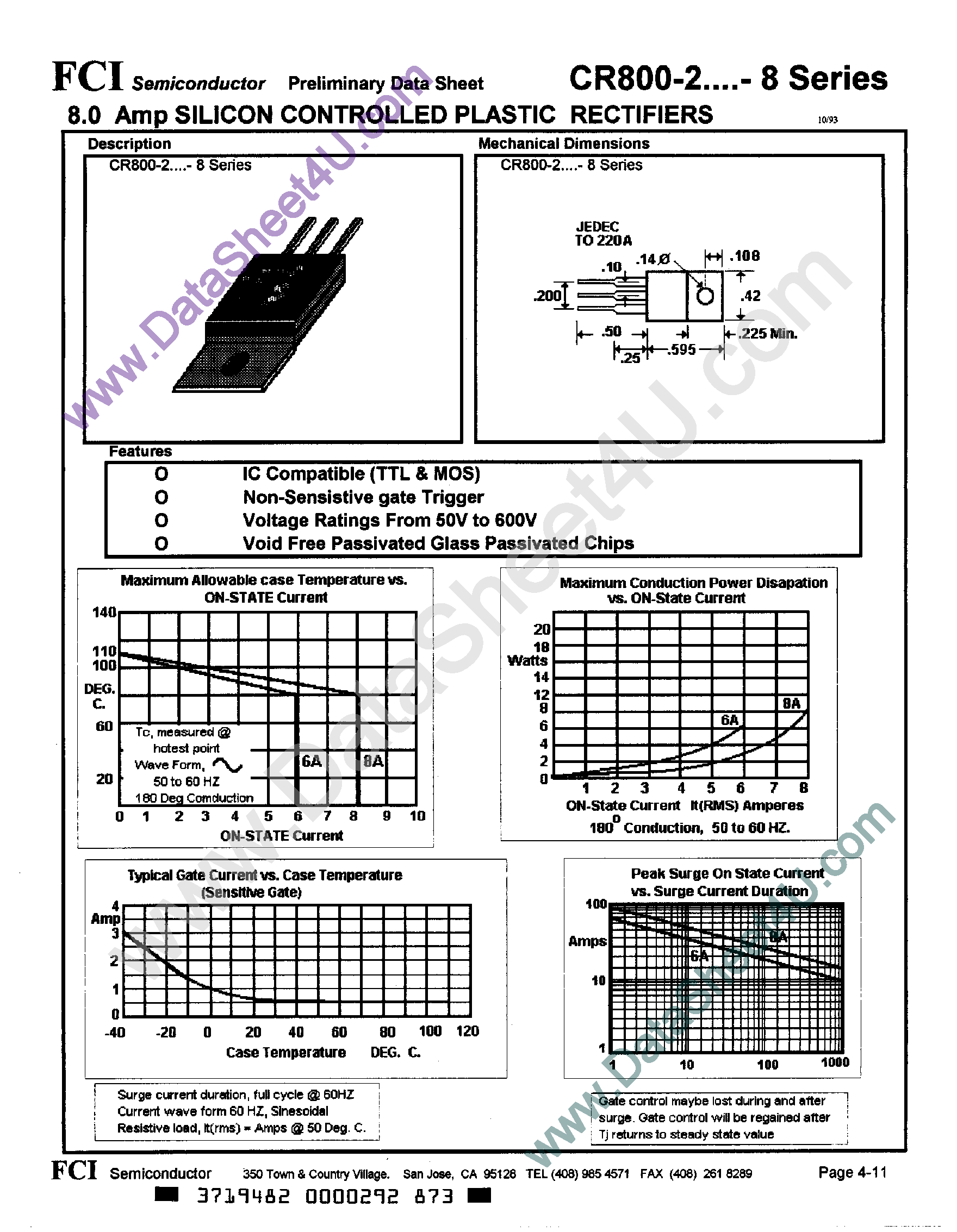 Datasheet CR800-xxx - 8.0 Amp Silicon Controlled Plastic Rectifiers page 1